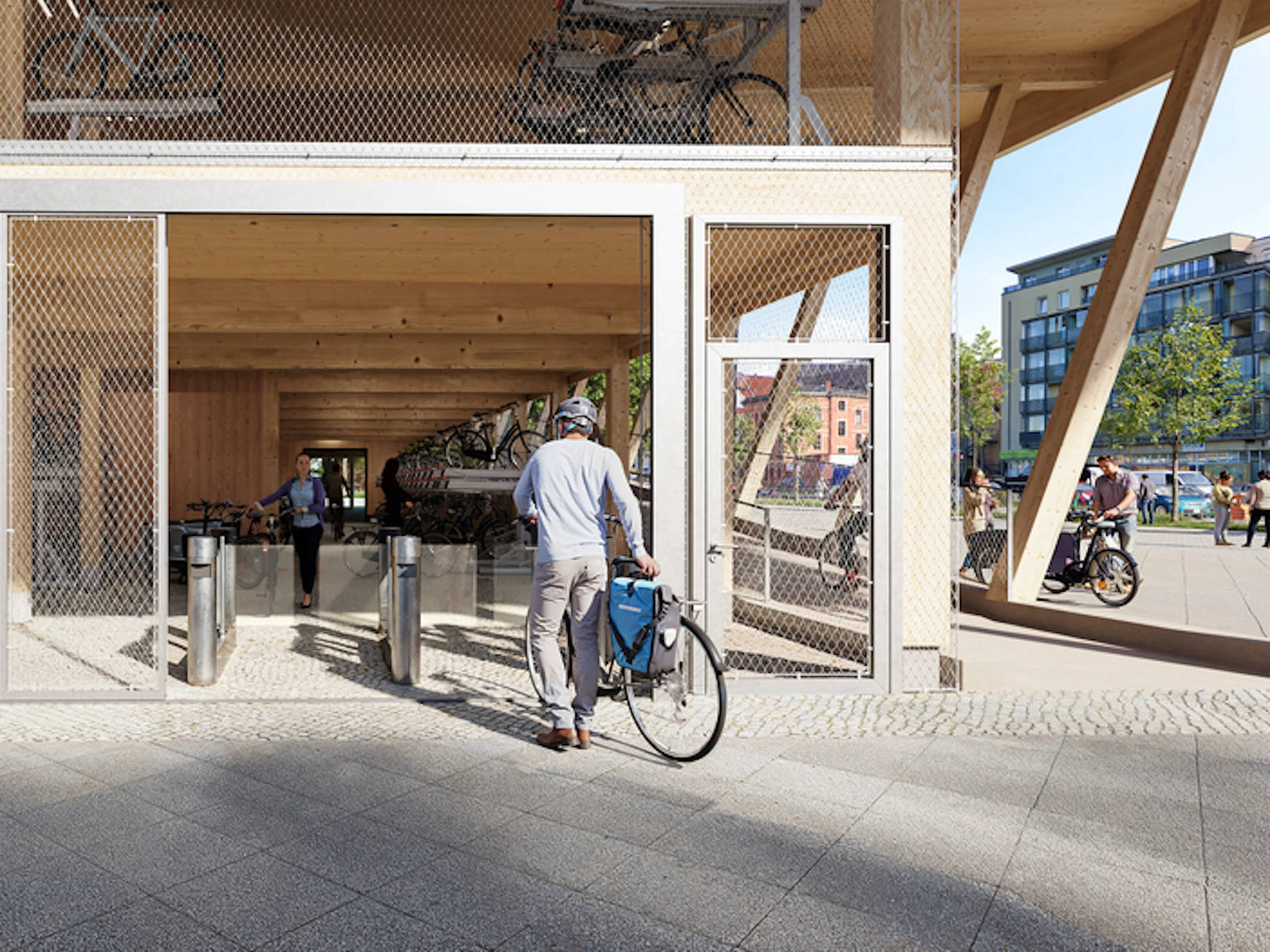 So soll der Eingangsbereich für das neue Parkhaus am S-Bahnhof Schöneweide aussehen: Das Gebäude wird mit einem Edelstahlnetz umgeben sein, das für Licht und natürliche Belüftung des Gebäudes sorgt. 