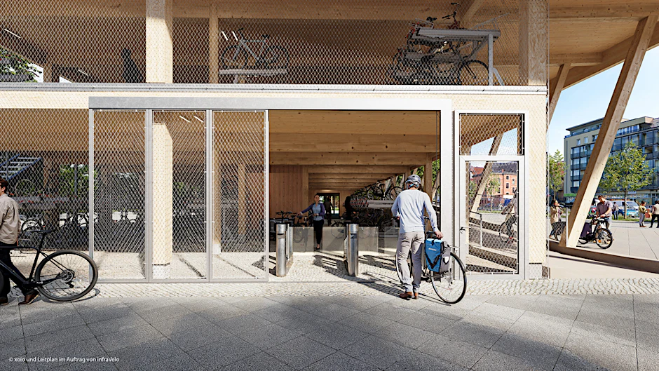 So soll der Eingangsbereich für das neue Parkhaus am S-Bahnhof Schöneweide aussehen: Das Gebäude wird mit einem Edelstahlnetz umgeben sein, das für Licht und natürliche Belüftung des Gebäudes sorgt.