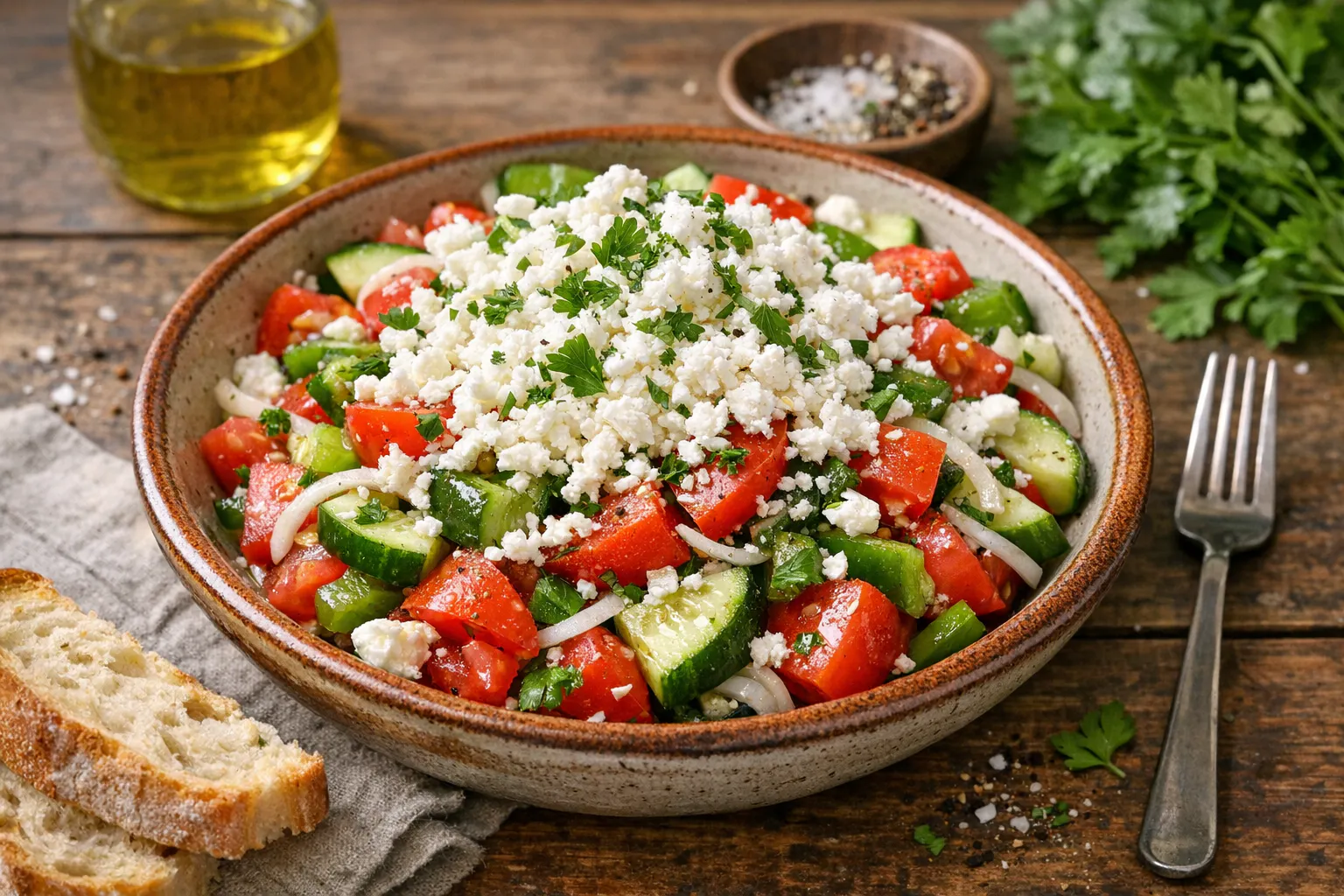 Leckerer Schopskasalat bringt Frische auf den Abendbrottisch. Er ist schnell zubereitet und schmeckt mit einem einfachen Stück Brot besonders gut.