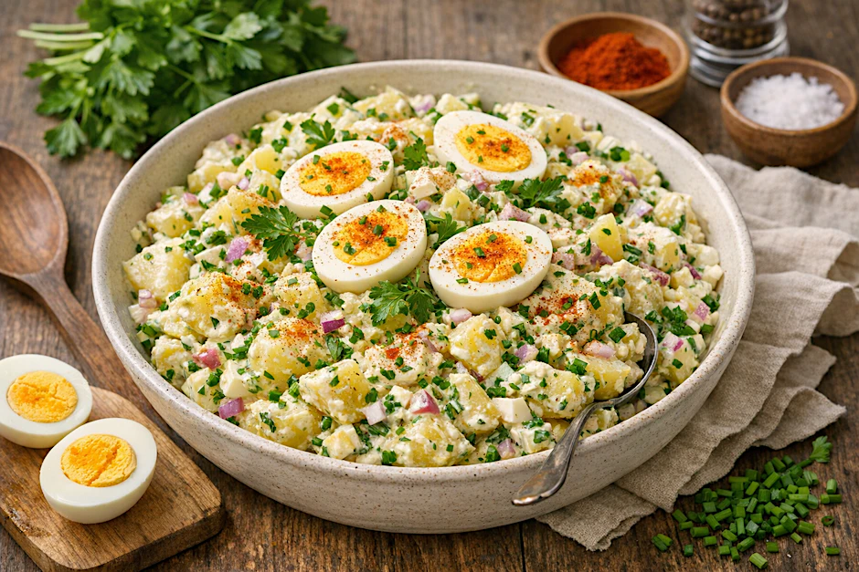 Mit unserem Rezept für Kartoffelsalat mit gekochten Eiern können Sie prima Reste verwerten - gekochte Eier aus dem Osternest und gekochte Kartoffeln vom Festessen.