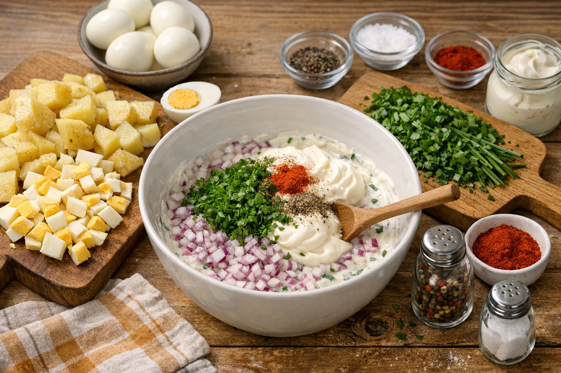 Der Kartoffelsalat mit gekochten Eiern ist blitzschnell gemacht, wenn Sie die Kartoffeln und die Eier schon gekocht haben. Probieren Sie den Salat mal aus!