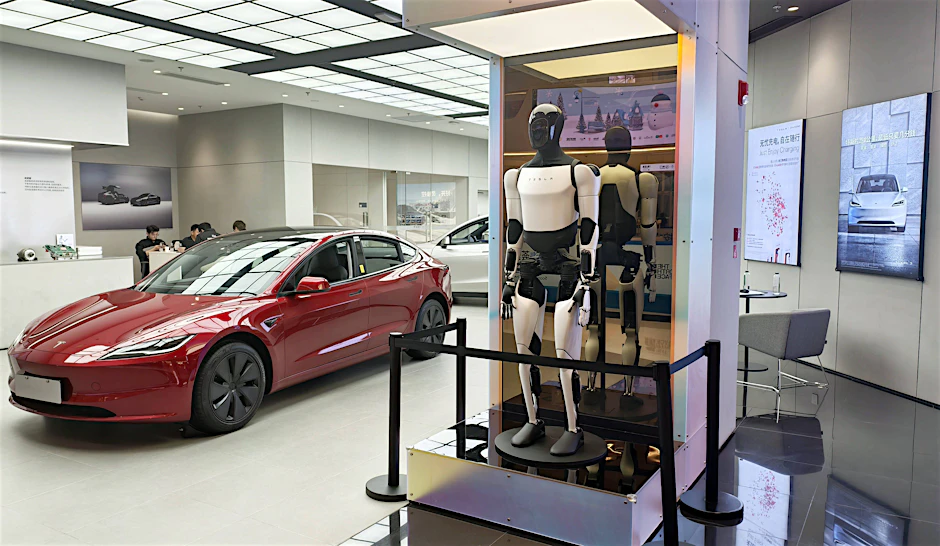 Neue Rollenverteilung: Der Tesla-Roboter Optimus präsentiert sich neben dem Erfolgsmodell Model Y.