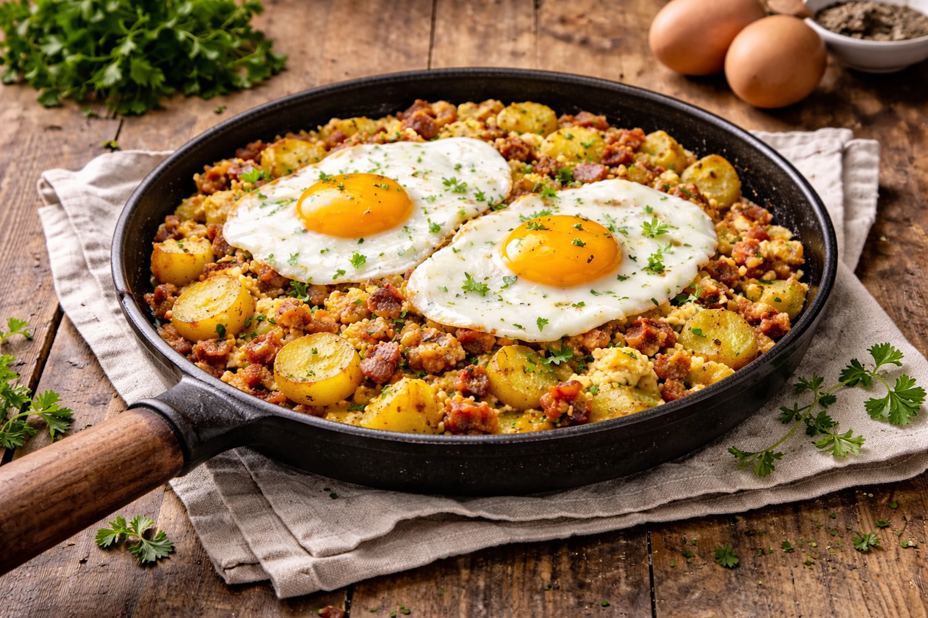 Als Alternative kann man auch Spiegeleier über das frisch gebratene Hoppel Poppel geben.