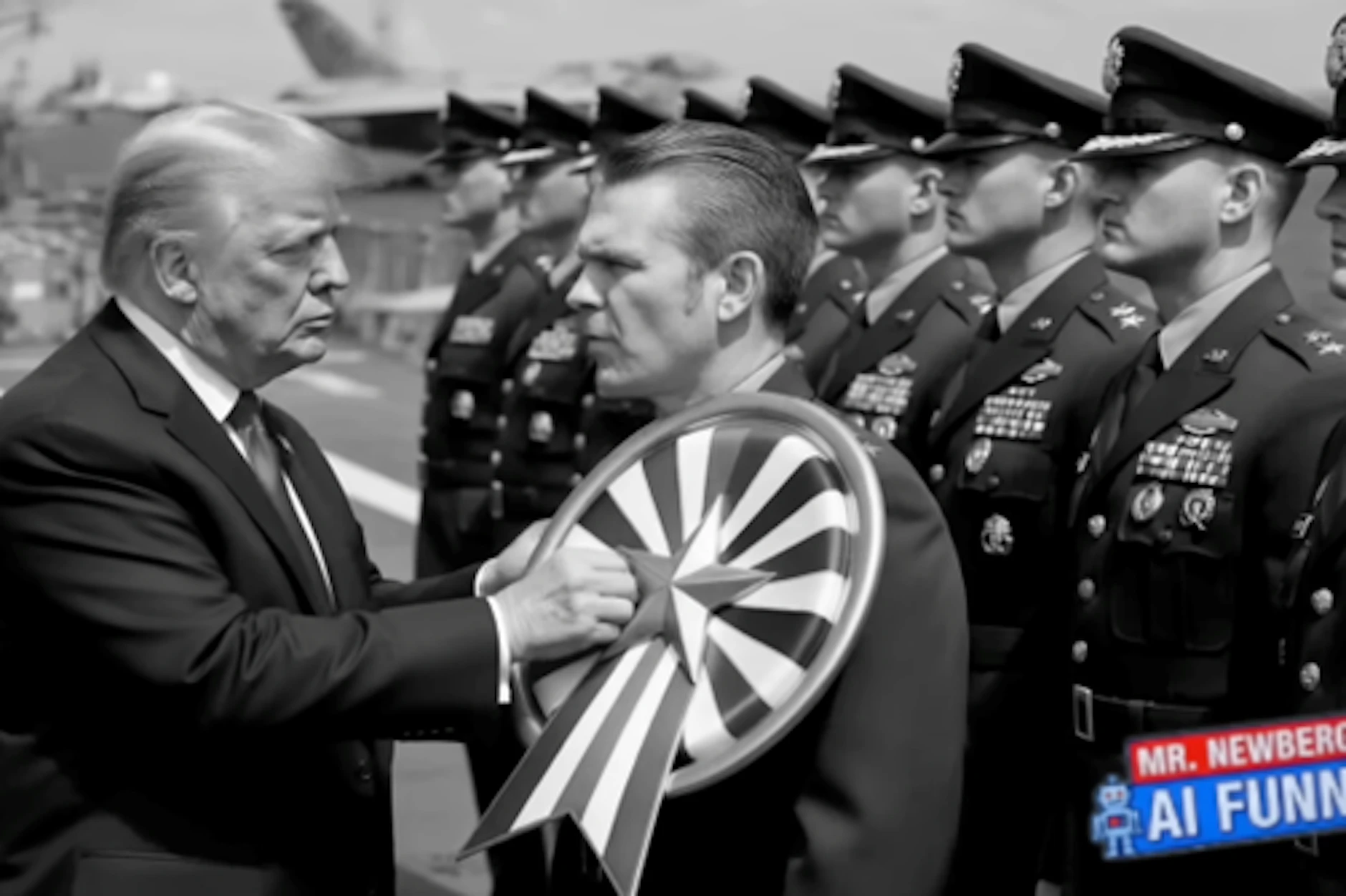 Satire mithilfe von Künstlicher Intelligenz: Trump verleiht seinem Verteidigungsminister Hegseth einen dezenten Orden.