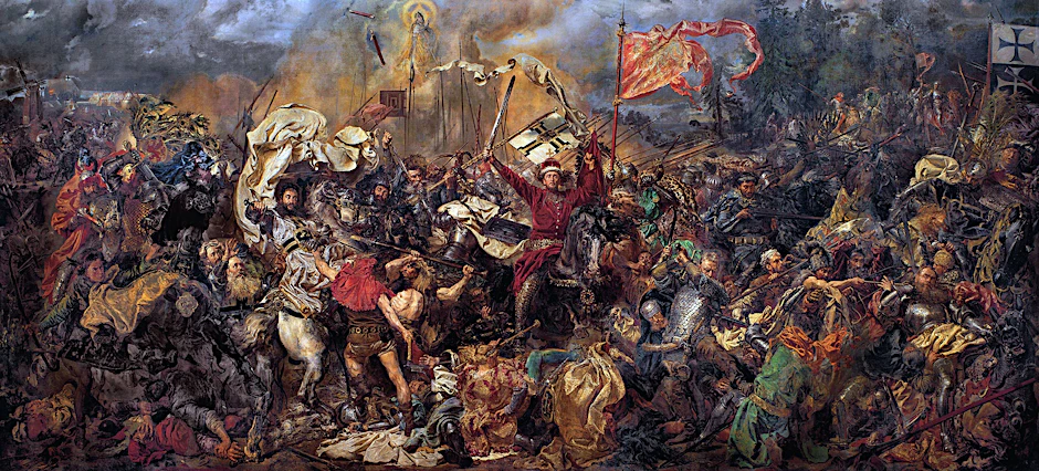 Die Schlacht von Grunwald bzw. Tannenberg, die am 15. Juli 1410 geschlagen wurde, Gemälde von Jan Matejko.