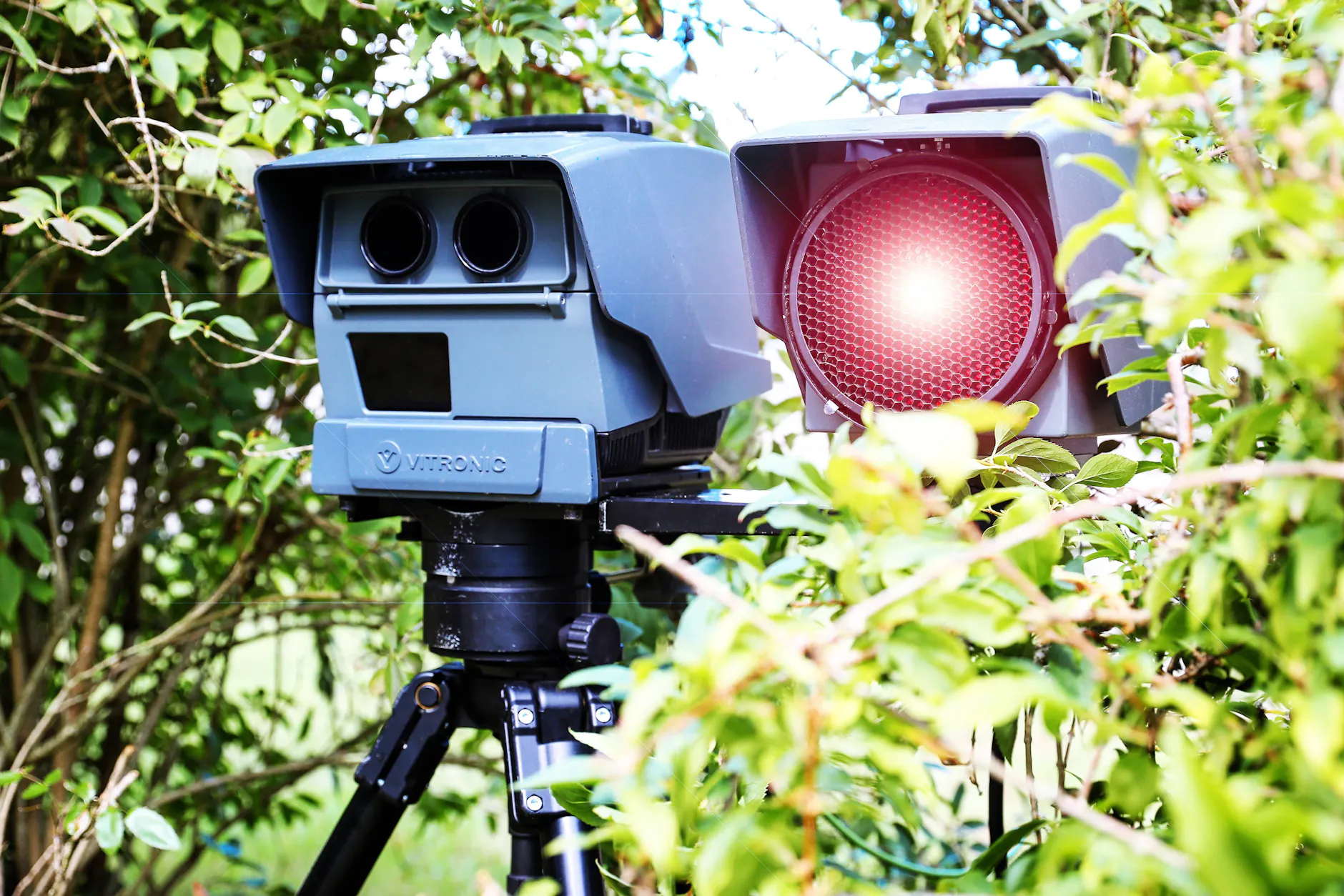 Scharf geschaltet: Der rote Blitz einer modernen Vitronic-Geschwindigkeitsmessanlage lauert im Gebüsch.