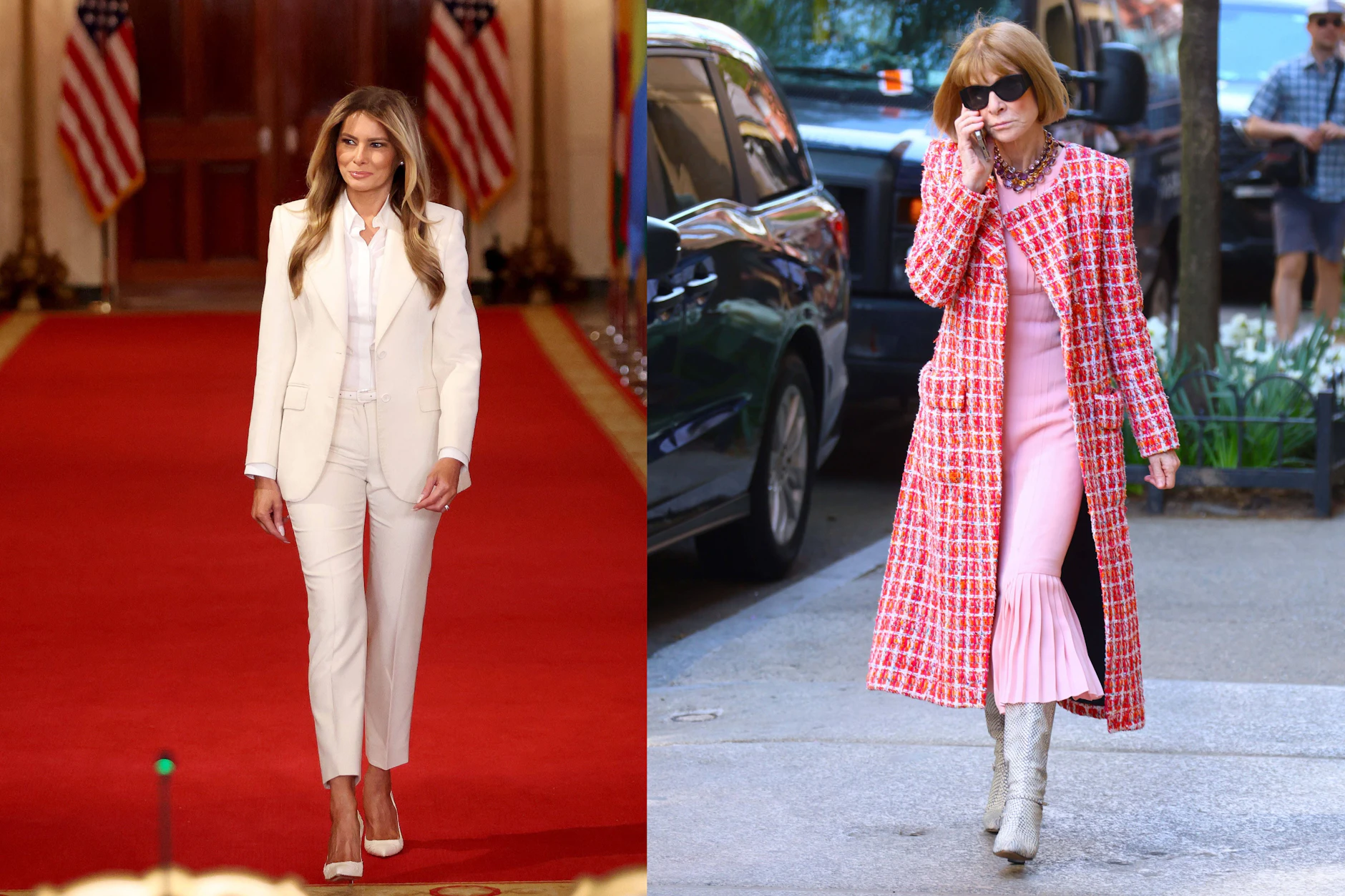 Amerikanisch Rot-Weiß und Blau: Melania Trump und Anna Wintour sind sich definitiv nicht grün.