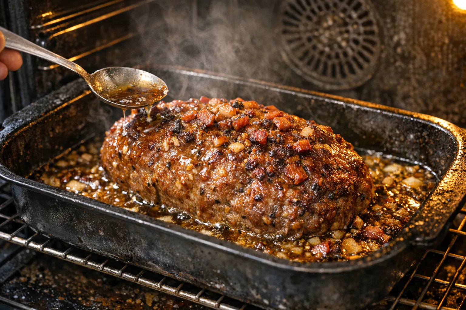 Der Falsche Hase muss im Ofen für etwa 40 bis 45 Minuten backen. In der Zeit wird er regelmäßig mit dem Fett übergossen.