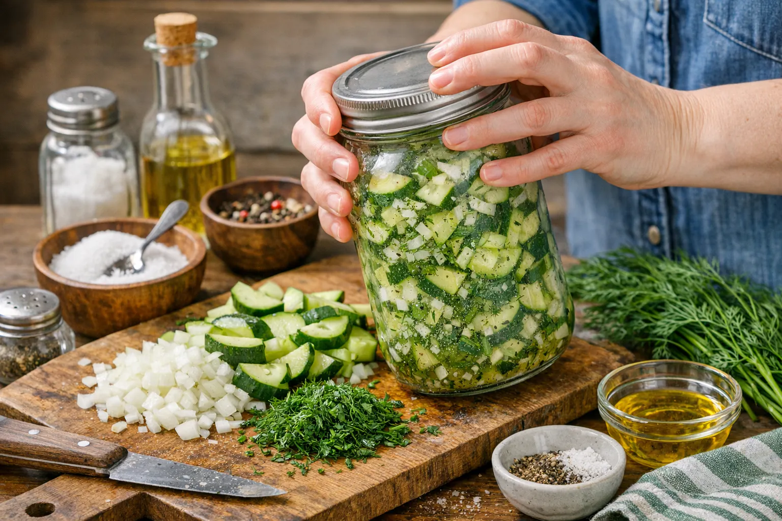 Die Zutaten für die Schüttelgurken werden in ein Glas oder eine Frischhaltedose gegeben, anschließend wird alles durchgeschüttelt. so entsteht der perfekte Blitz-Gurkensalat.