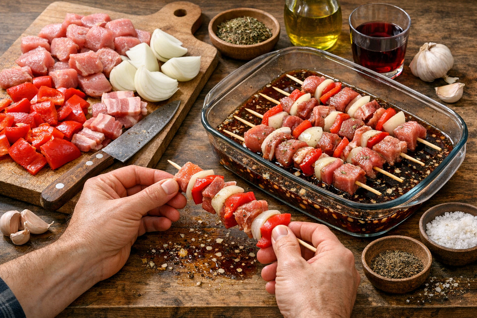 Nach der Zubereitung der Räuberspieße werden diese in Marinade eingelegt.