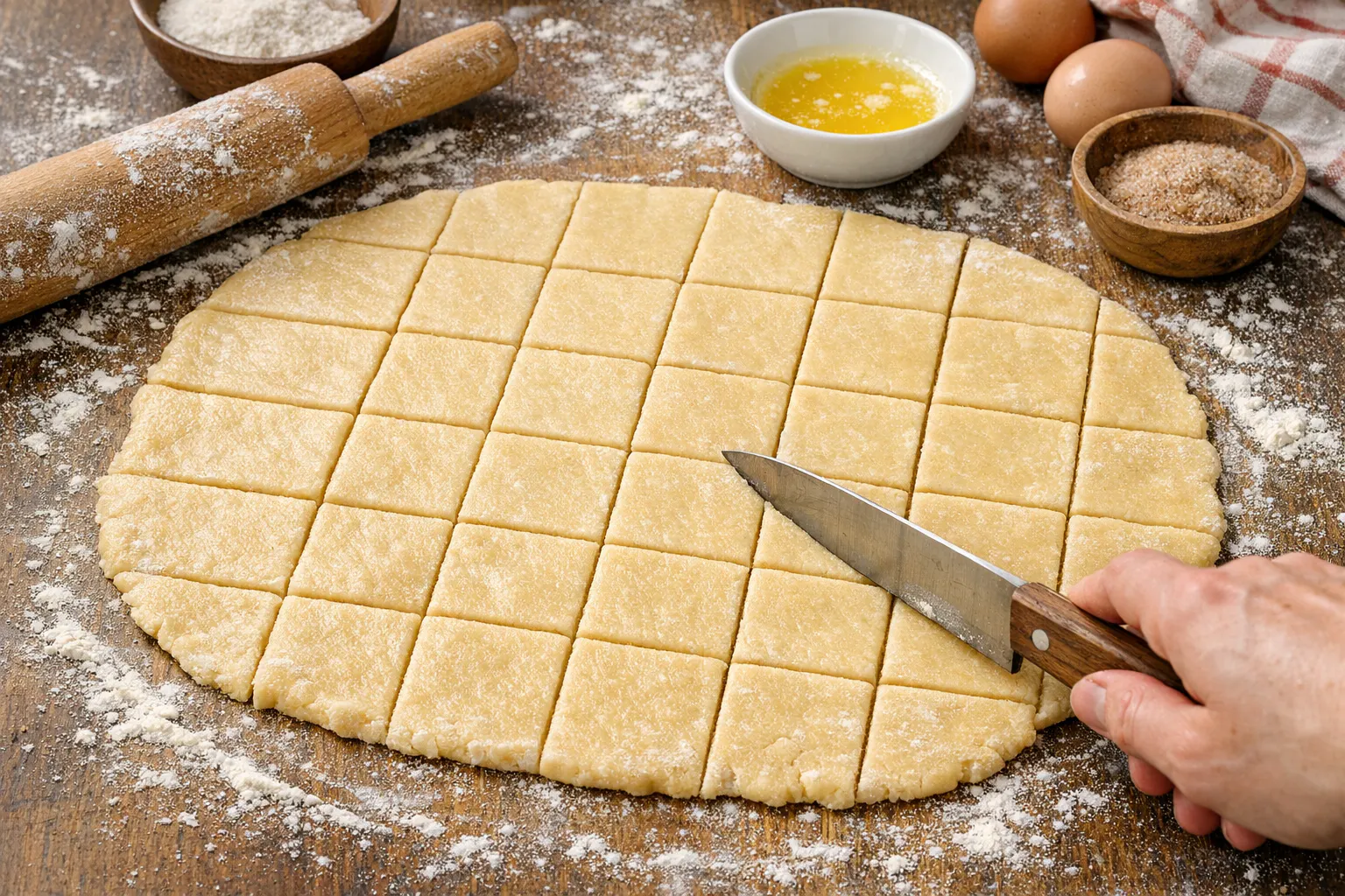 Der Strandcafé Plattenkuchen wird laut Rezept ausgerollt, in Stücke geschnitten und dann mit zerlassener Butter eingepinselt und mit Zucker und Zimt bestreut. Backen Sie das Rezept mal nach!