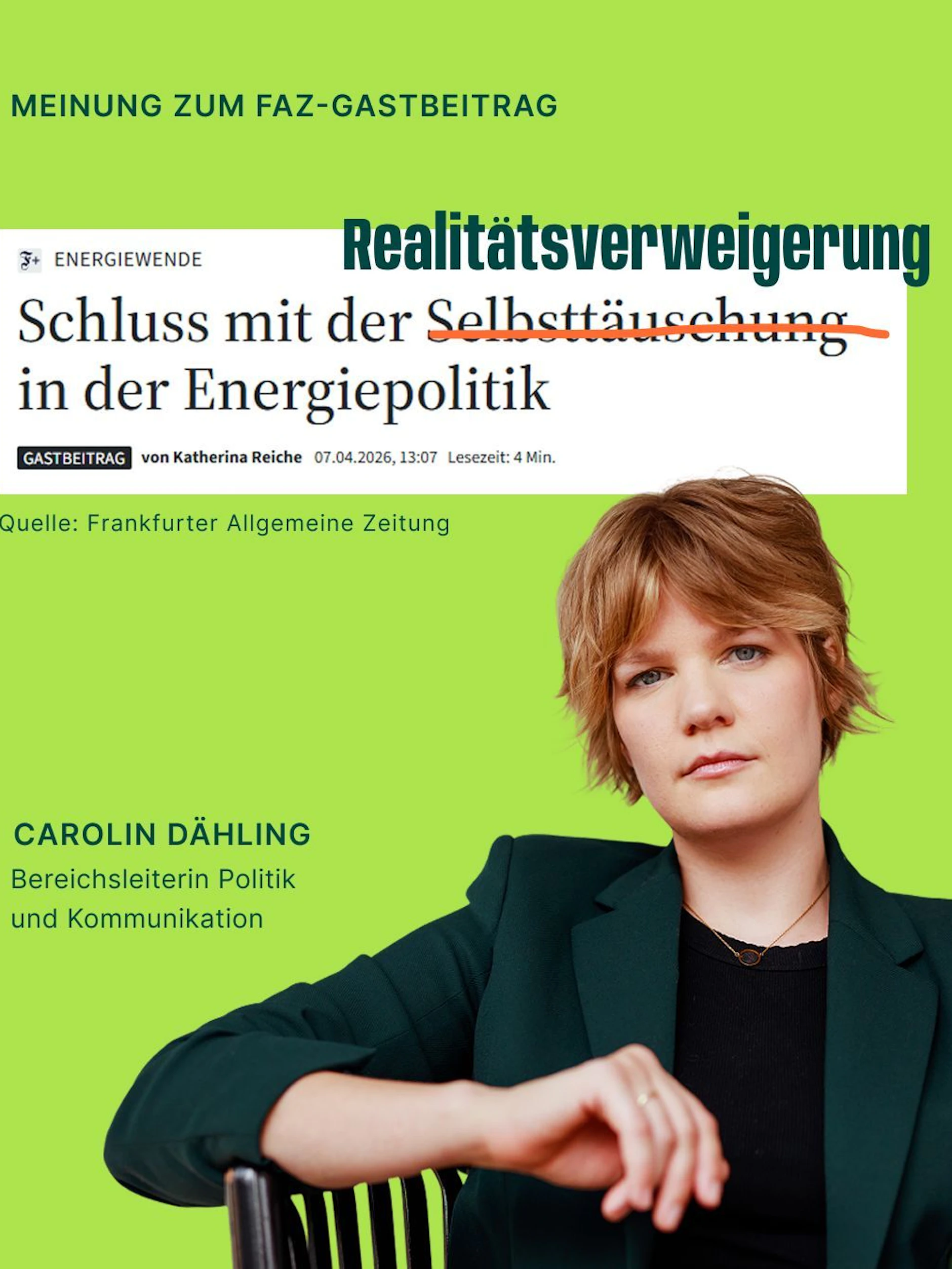 Nach Reiches FAZ-Gastbeitrag:&nbsp;Carolin Dähling von „<a href="https://www.linkedin.com/company/green-planet-energy/">Green Planet Energy“ eG</a>&nbsp;fordert in ihrem LinkedIn-Beitrag&nbsp;die Umsetzung konkreter Vorschläge zur Energiewende.