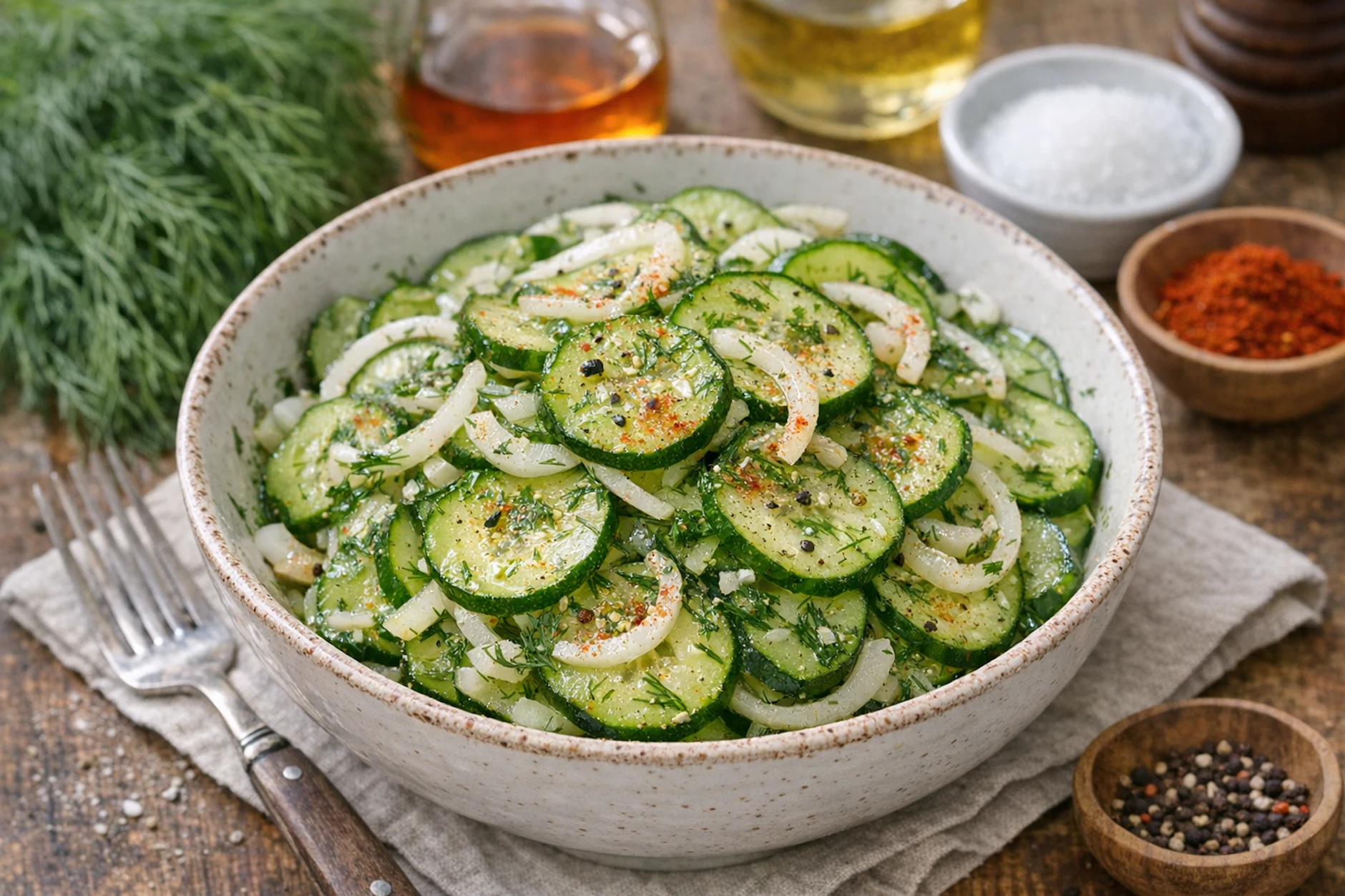 Omas Gurkensalat süß-sauer ist blitzschnell gemacht und kann auch noch beliebig verfeinert werden.