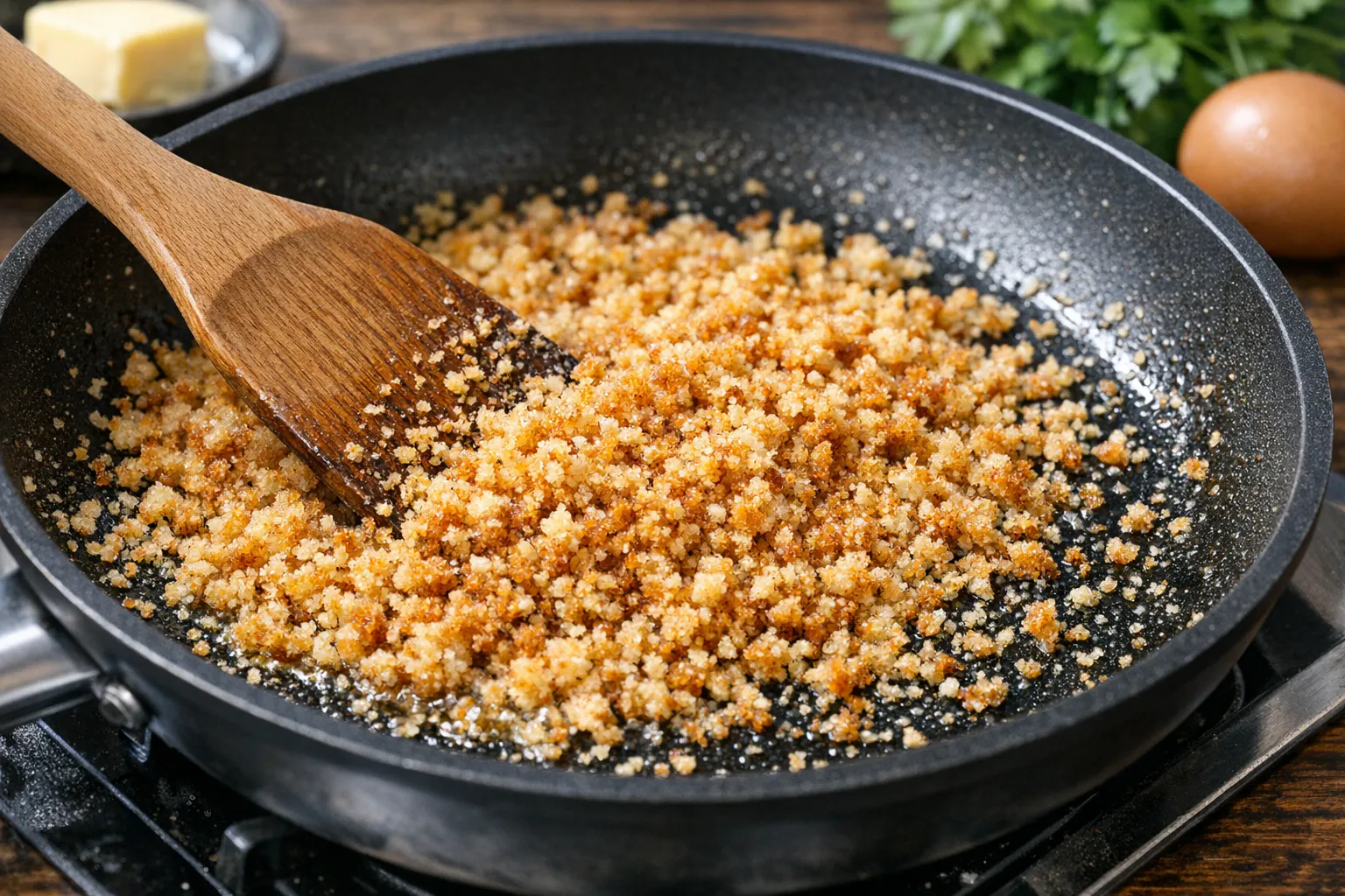 Für den Spargel auf polnische Art werden Semmelbrösel in einer Pfanne angeröstet. Laut dem DDR-Rezept von Kurt Drummer kommen die Brösel später auf die edlen Stangen.
