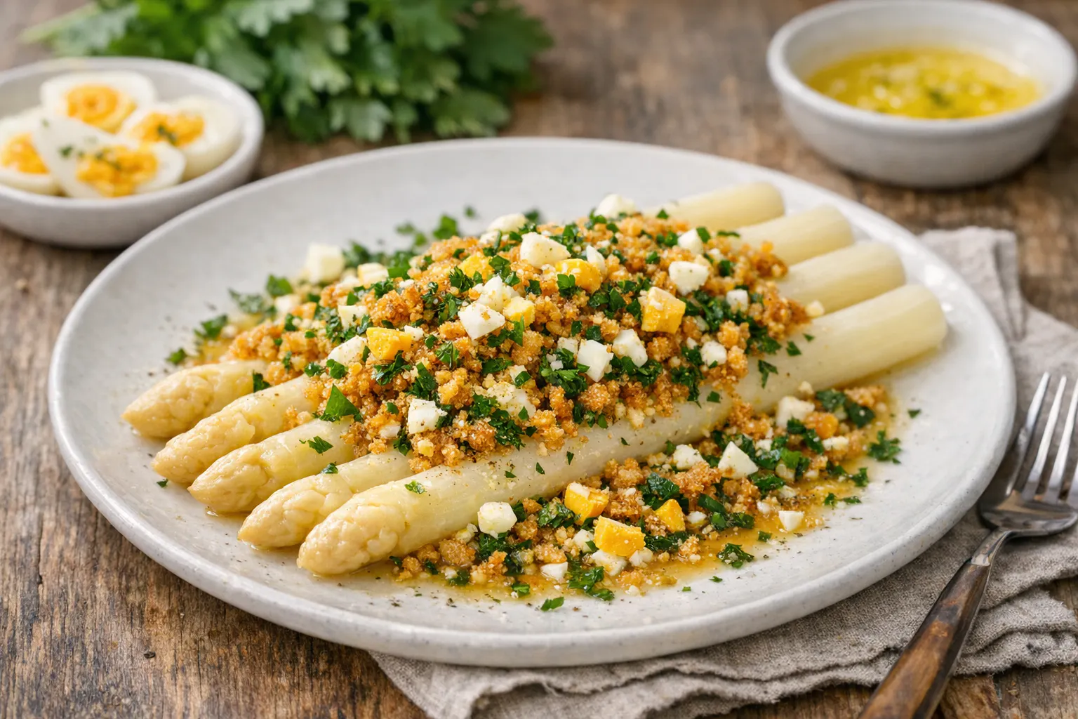 Spargel auf polnische Art: Von DDR-Koch Kurt Drummer kommt die Inspiration dafür, Spargel mit Semmelbröseln, gekochten Eiern und frischer Petersilie zu servieren.