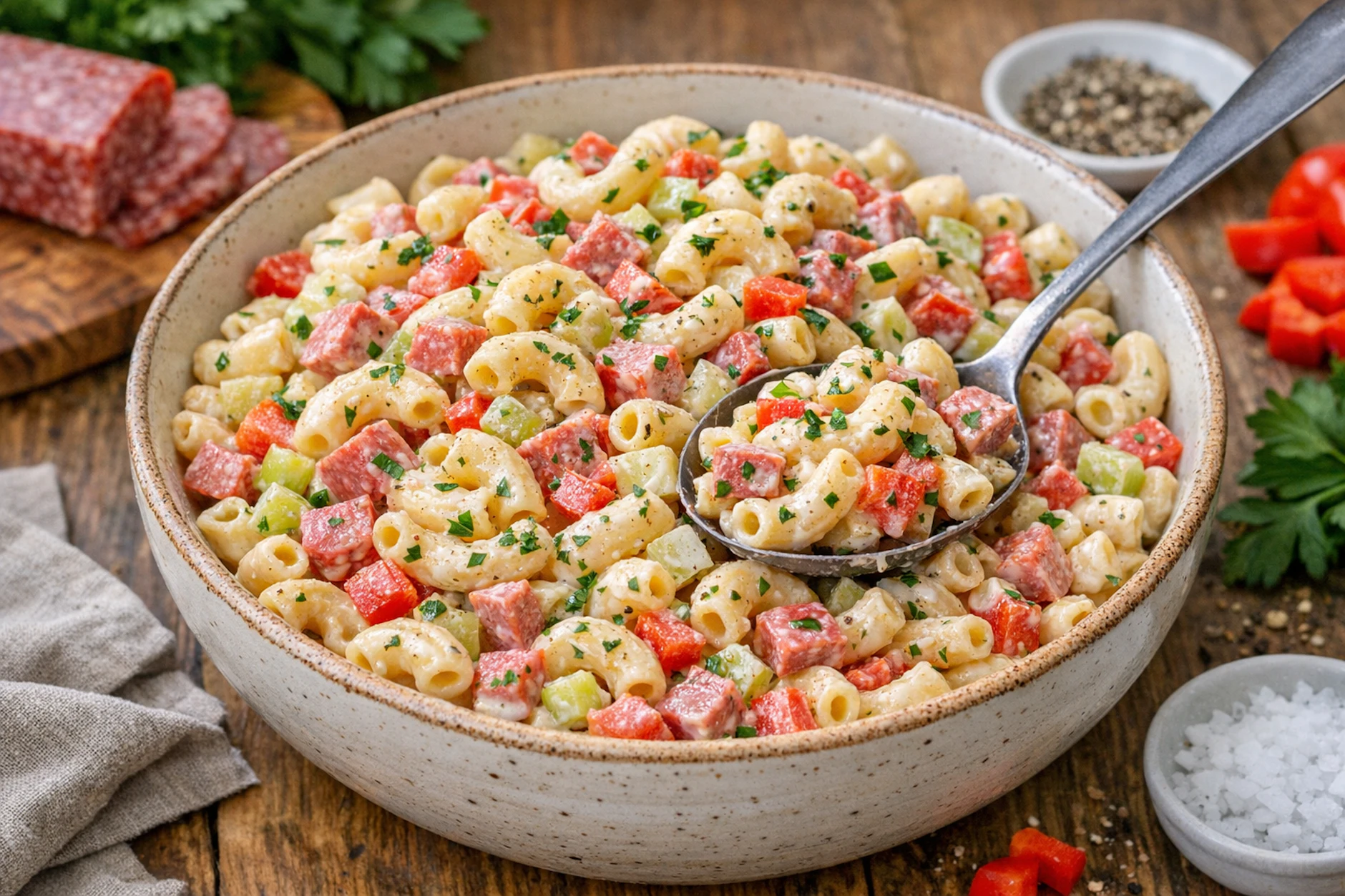 Fertig! Den Makkaronisalat Hausmacherart können Sie zum Grillen servieren oder ihn auch einfach so genießen. Guten Appetit!