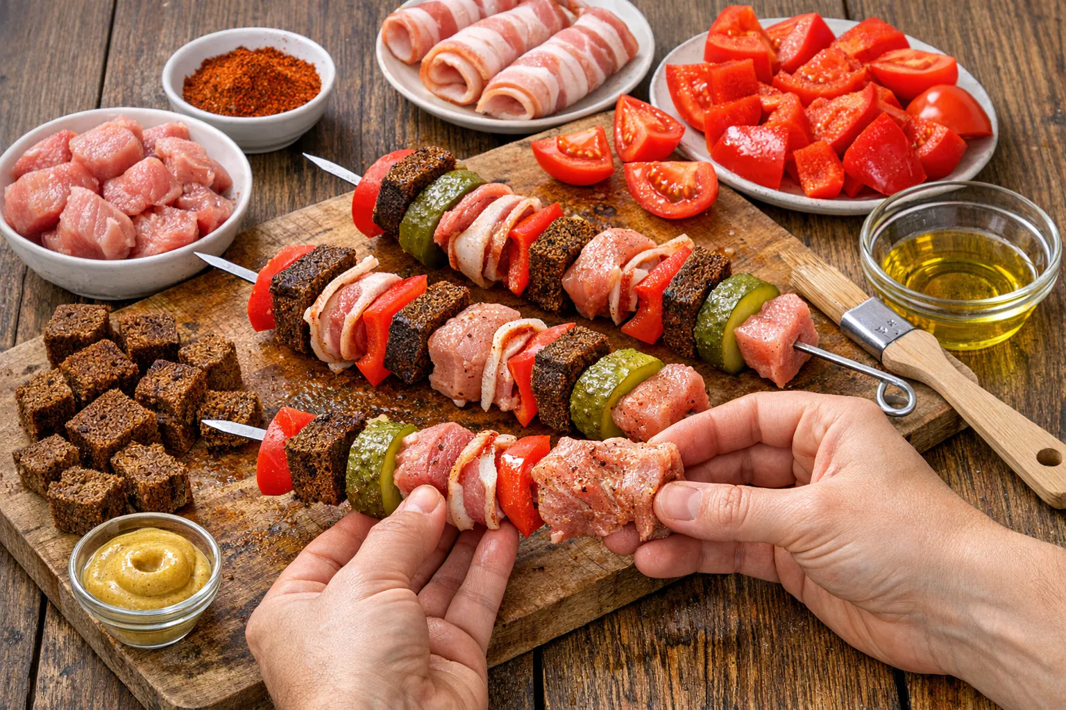 Die Zutaten für die Grillspieße nach Hexentanzplatz Art werden ganz einfach auf Schaschlikspieße gesteckt. Dann können die Spieße gegrillt werden.