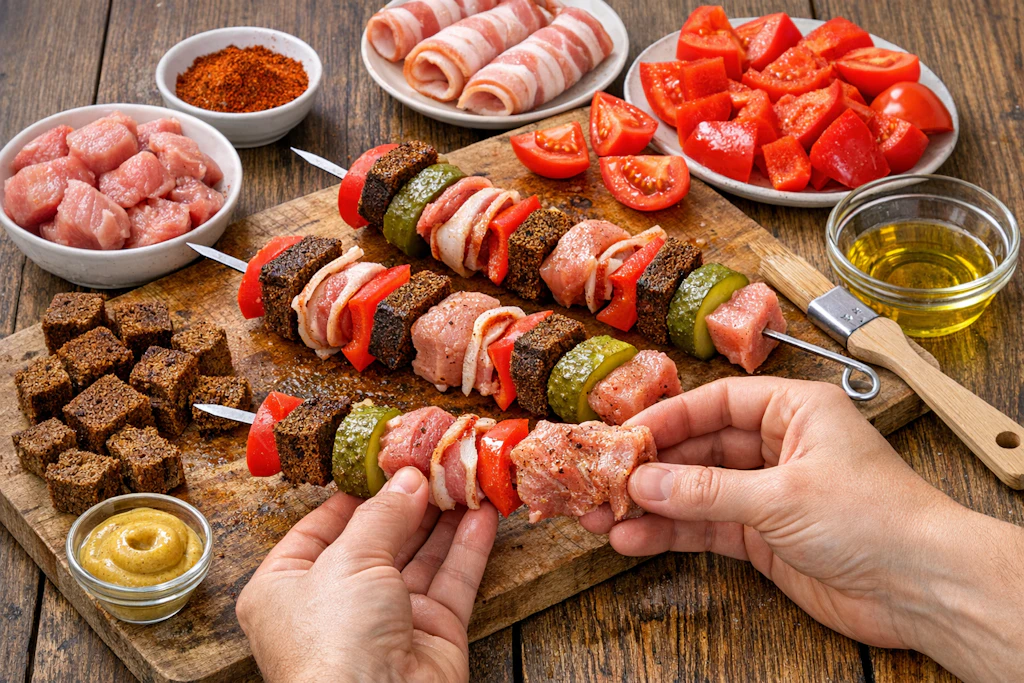 Die Zutaten für die Grillspieße nach Hexentanzplatz Art werden ganz einfach auf Schaschlikspieße gesteckt. Dann können die Spieße gegrillt werden.