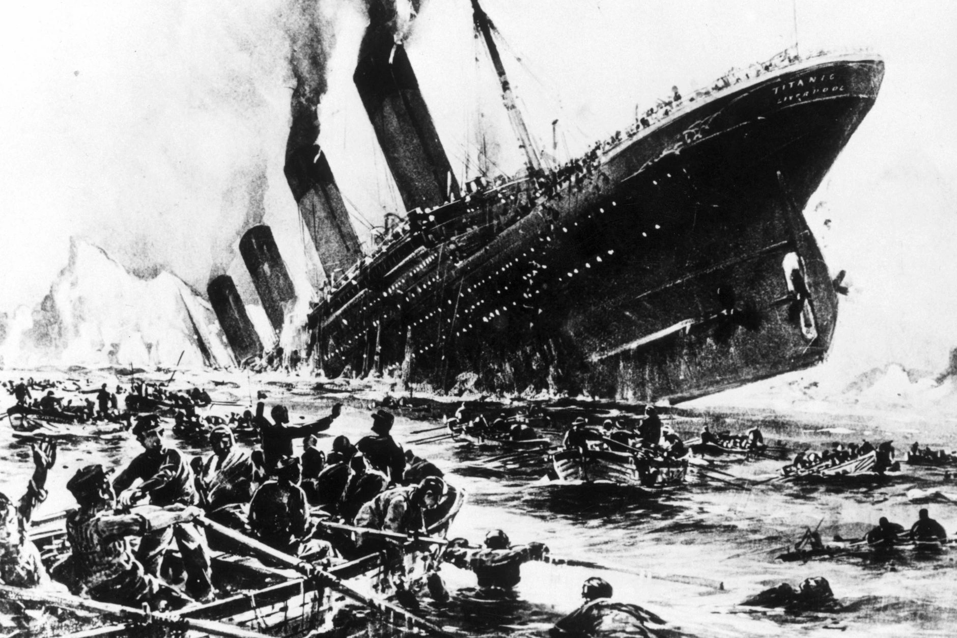 In der Nacht vom 14. auf den 15. April 1912 stieß die Titanic mit einem Eisberg zusammen und versank im Ozean. Dieses Gemälde zeigt den Untergang, Fotos gibt es davon nicht.