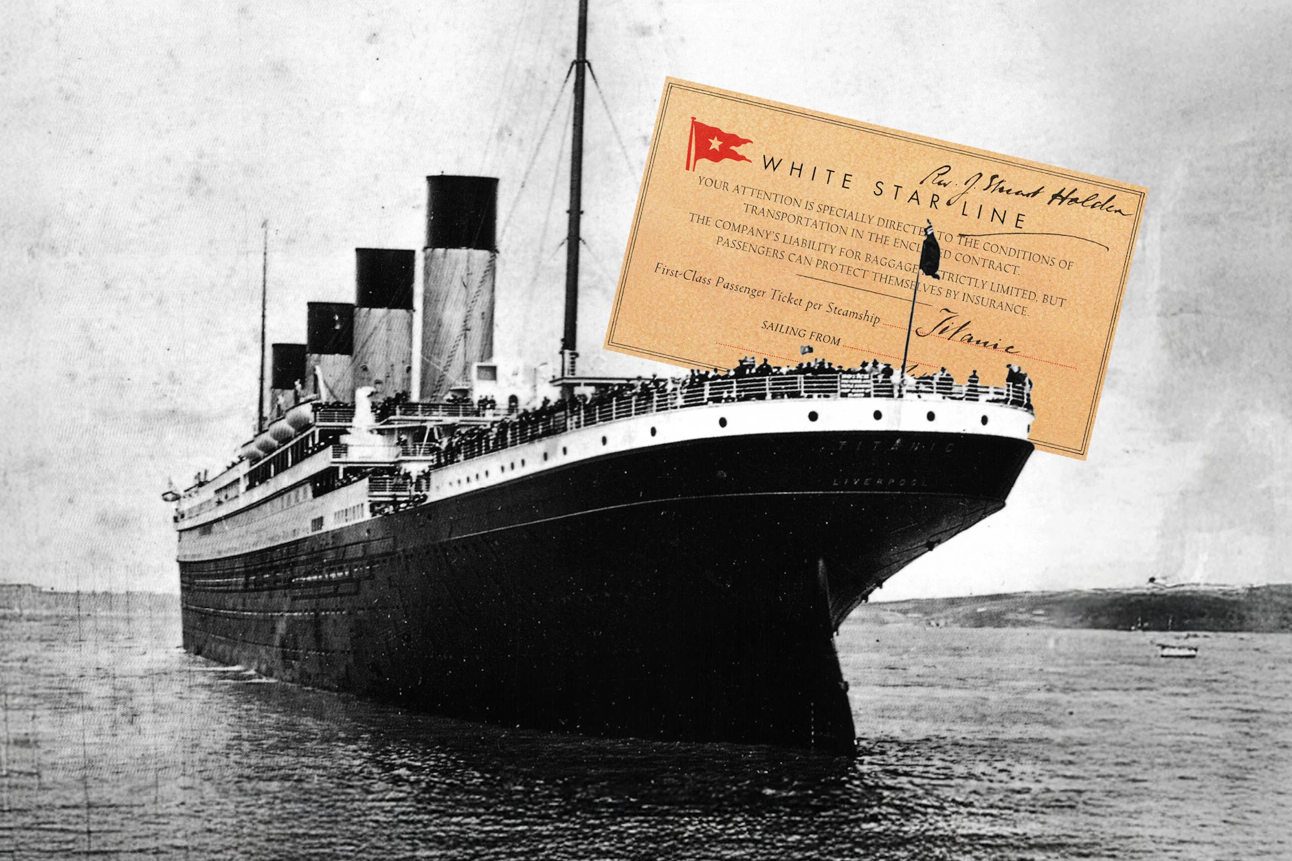 Wie viel würde ein Ticket für die Titanic kosten? Unser Foto zeigt eine Nachbildung des Schiffes von 1997 und ein echtes Ticket der Ersten Klasse.