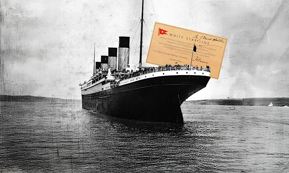 Wie viel würde ein Ticket für die Titanic kosten? Unser Foto zeigt eine Nachbildung des Schiffes von 1997 und ein echtes Ticket der Ersten Klasse.