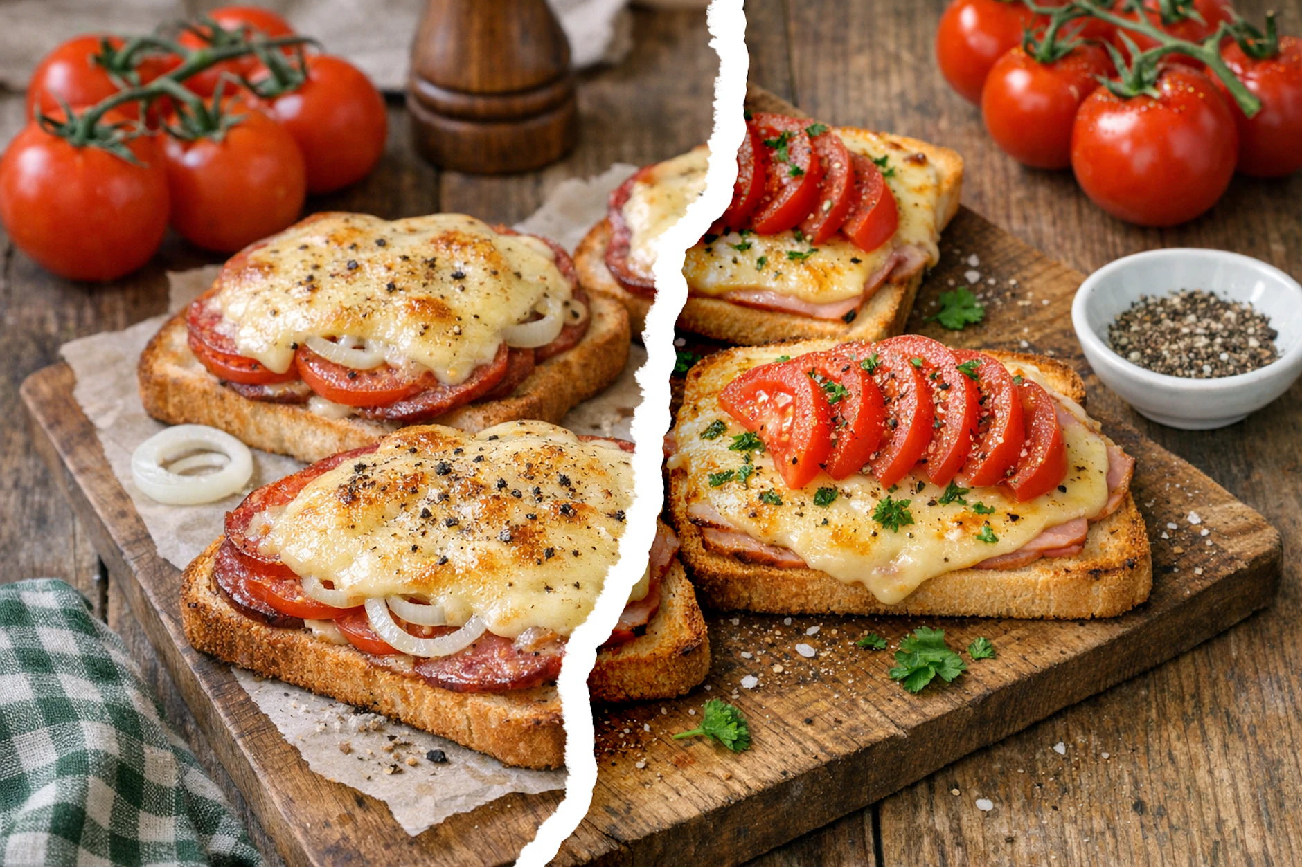 Salamitoast (links) und Schinkentoast (rechts) sind zwei richtig leckere Abwandlungen der Karlsbader Schnitte. Das perfekte Abendbrot, wenns mal schnell gehen muss.