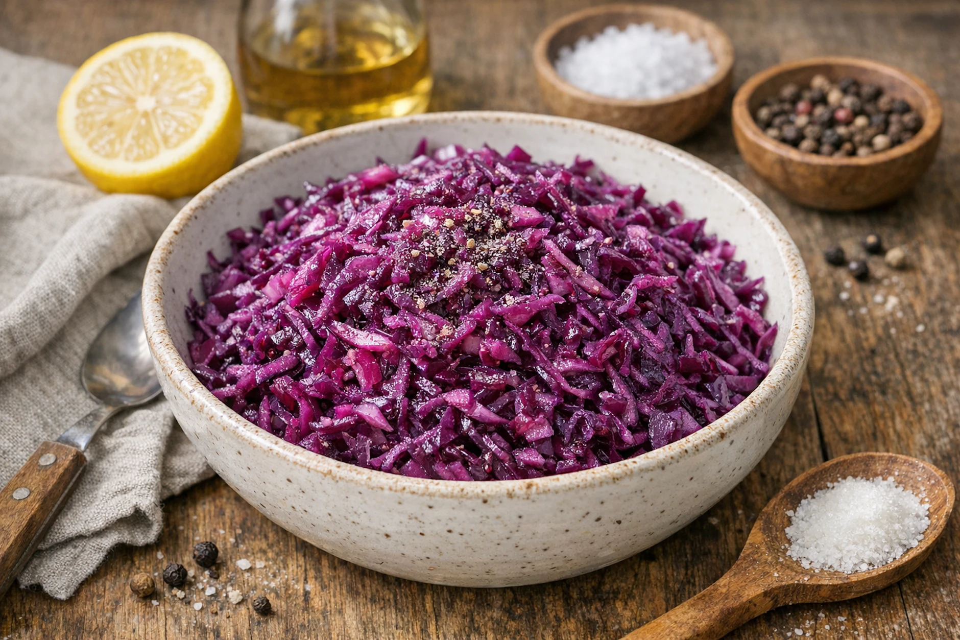 Rotkrautsalat ist eine besonders leckere Beilage. Der Zitronensaft verleiht dem Kohl seine besondere Frische.