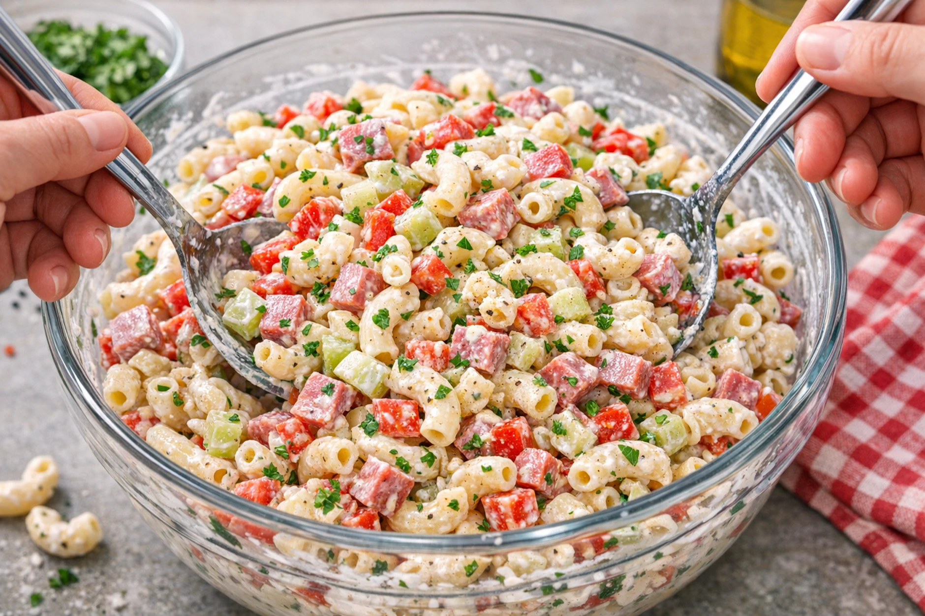 Der leckere Makkaronisalat Hausmacherart setzt auf besondere Zutaten - das macht dieses etwas speziellere Rezept für Nudelsalat aus.