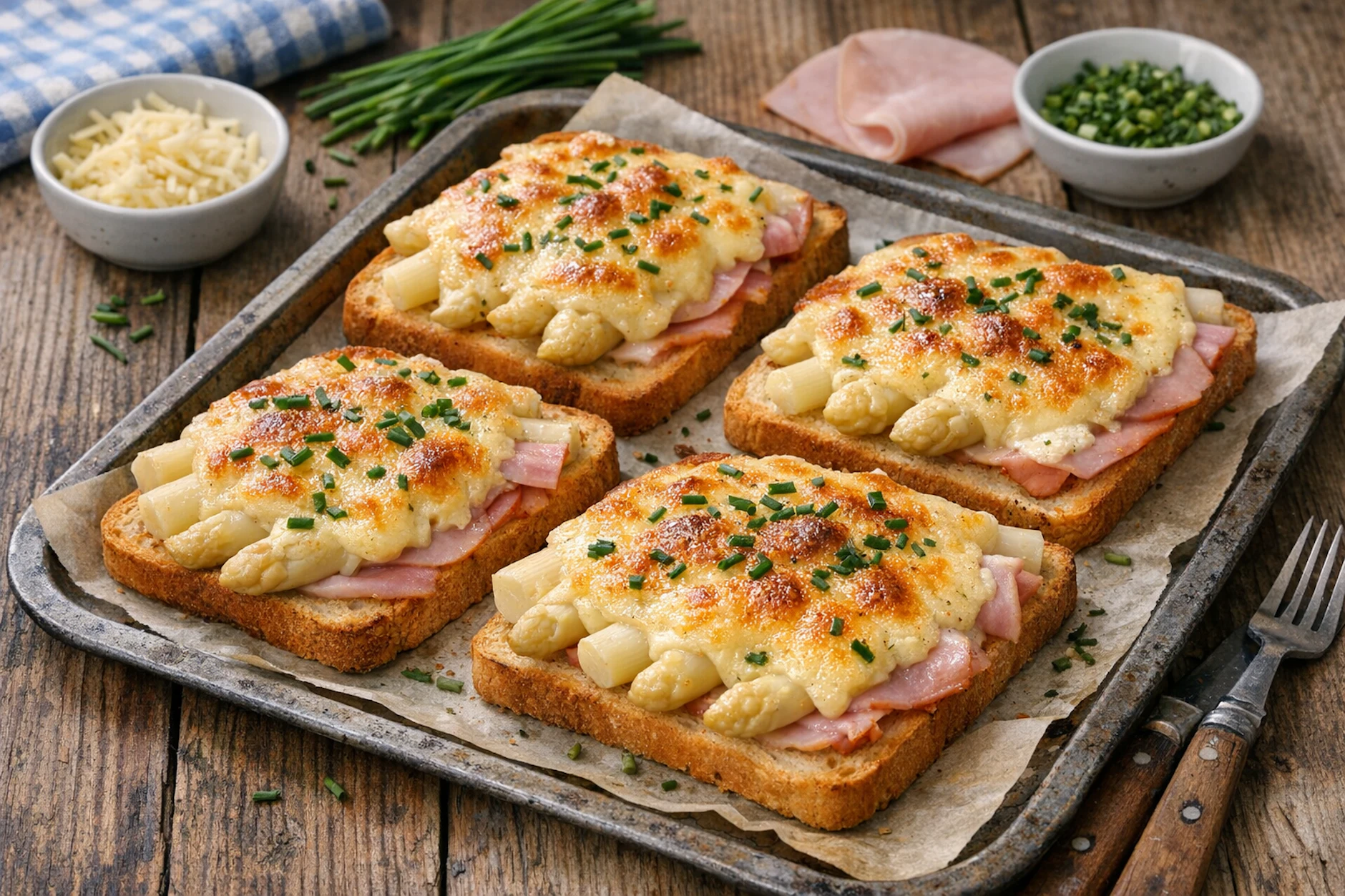 Spargeltoast ist eine herrliche Abwandlung der Karlsbader Schnitte – mit einer kleinen Schüssel Sauce hollandaise als Dip veredeln Sie den Toast aus dem Ofen noch zusätzlich.