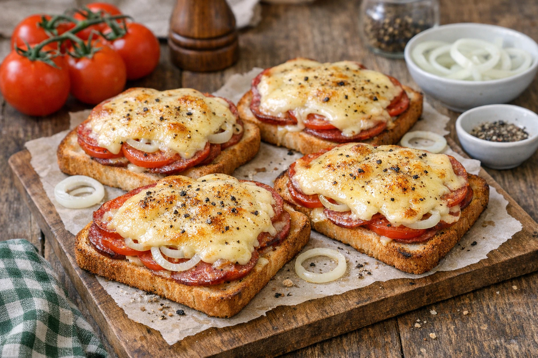 Salamitoast wird durch Zwiebeln noch etwas schärfer und saftiger durch Tomatenscheiben. Das Rezept ist das perfekte Abendbrot für alle, die es würzig mögen.