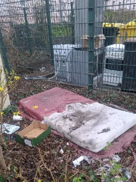 Gemeldet am 9. April, Status: in Bearbeitung. Am Hassoweg 26 in Berlin-Altglienicke verrotten mehrere Matratzen hinter Müllcontainern.