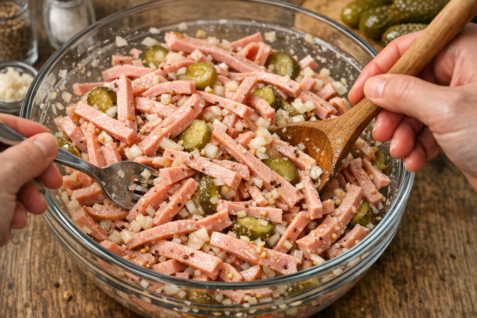 Der Berliner Wurstsalat muss bei der Zubereitung in der Schüssel gründlich umgerührt werden, damit sich die Zutaten gut verteilen. Dann sollte der Salat durchziehen.