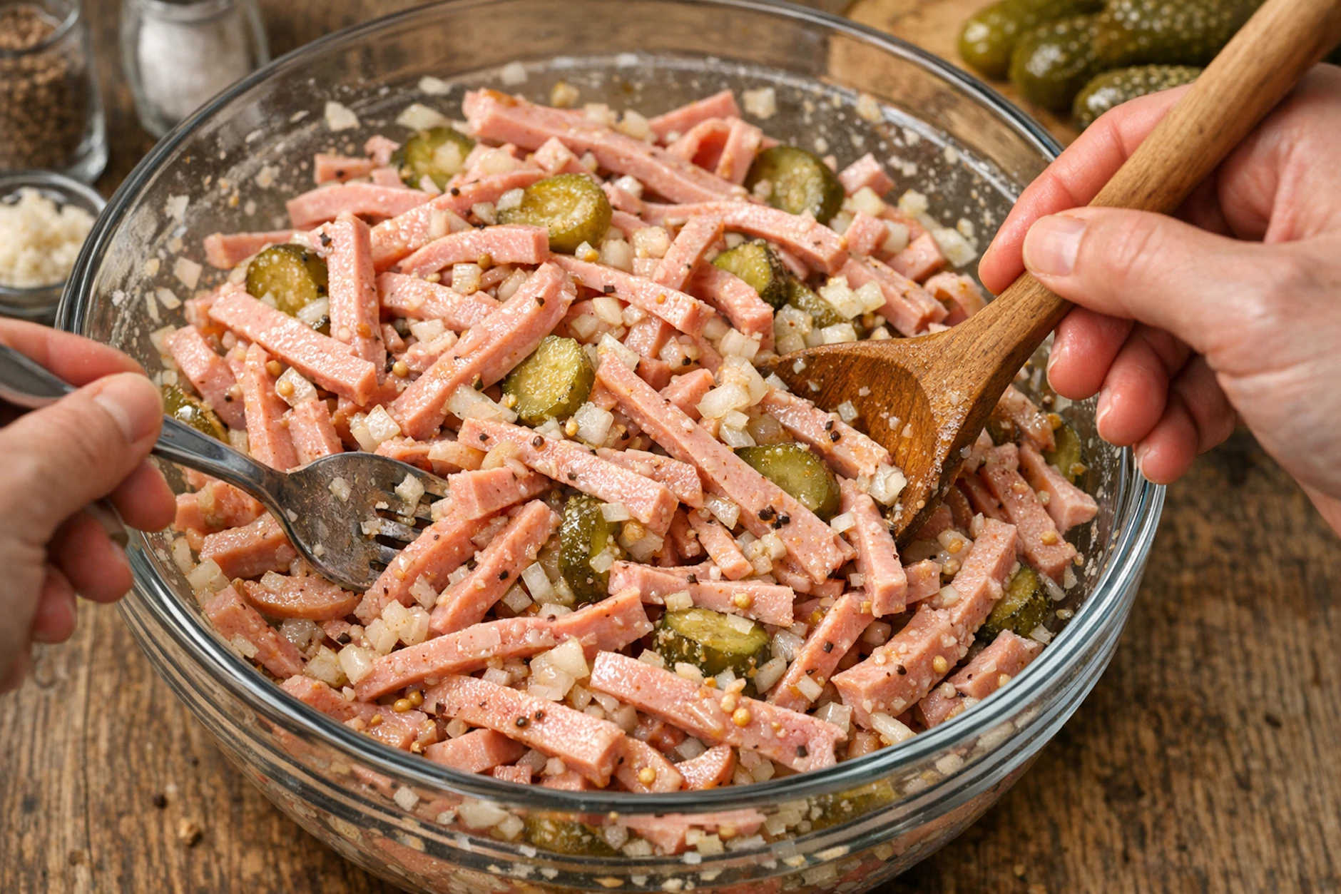 Der Berliner Wurstsalat muss bei der Zubereitung in der Schüssel gründlich umgerührt werden, damit sich die Zutaten gut verteilen. Dann sollte der Salat durchziehen.