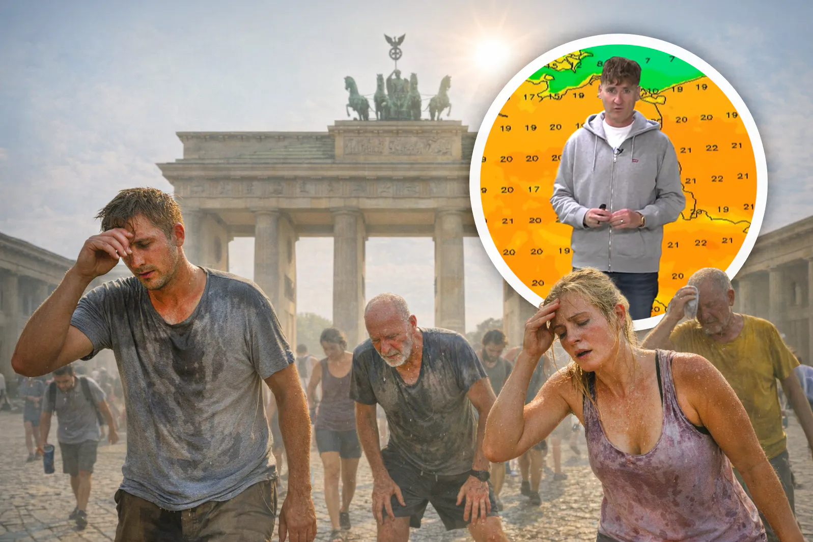Laufen wir bald schon wie schwitzende Zombies durch Berlin? So wie in dieser Illustration stellt sich die Künstliche Intelligenz den Sommer vor. Aber: Laut Dominik Jung könnte es auch echtes Zick-Zack-Wetter geben.