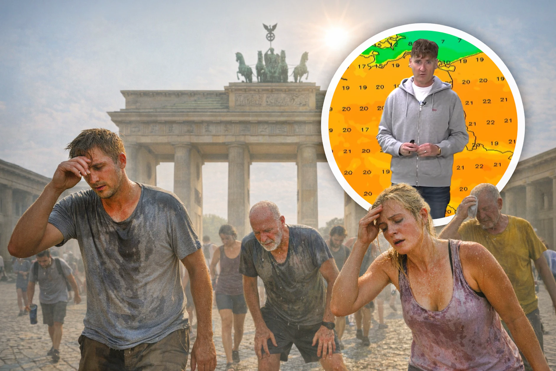 Laufen wir bald schon wie schwitzende Zombies durch Berlin? So wie in dieser Illustration stellt sich die Künstliche Intelligenz den Sommer vor. Aber: Laut Dominik Jung könnte es auch echtes Zick-Zack-Wetter geben.