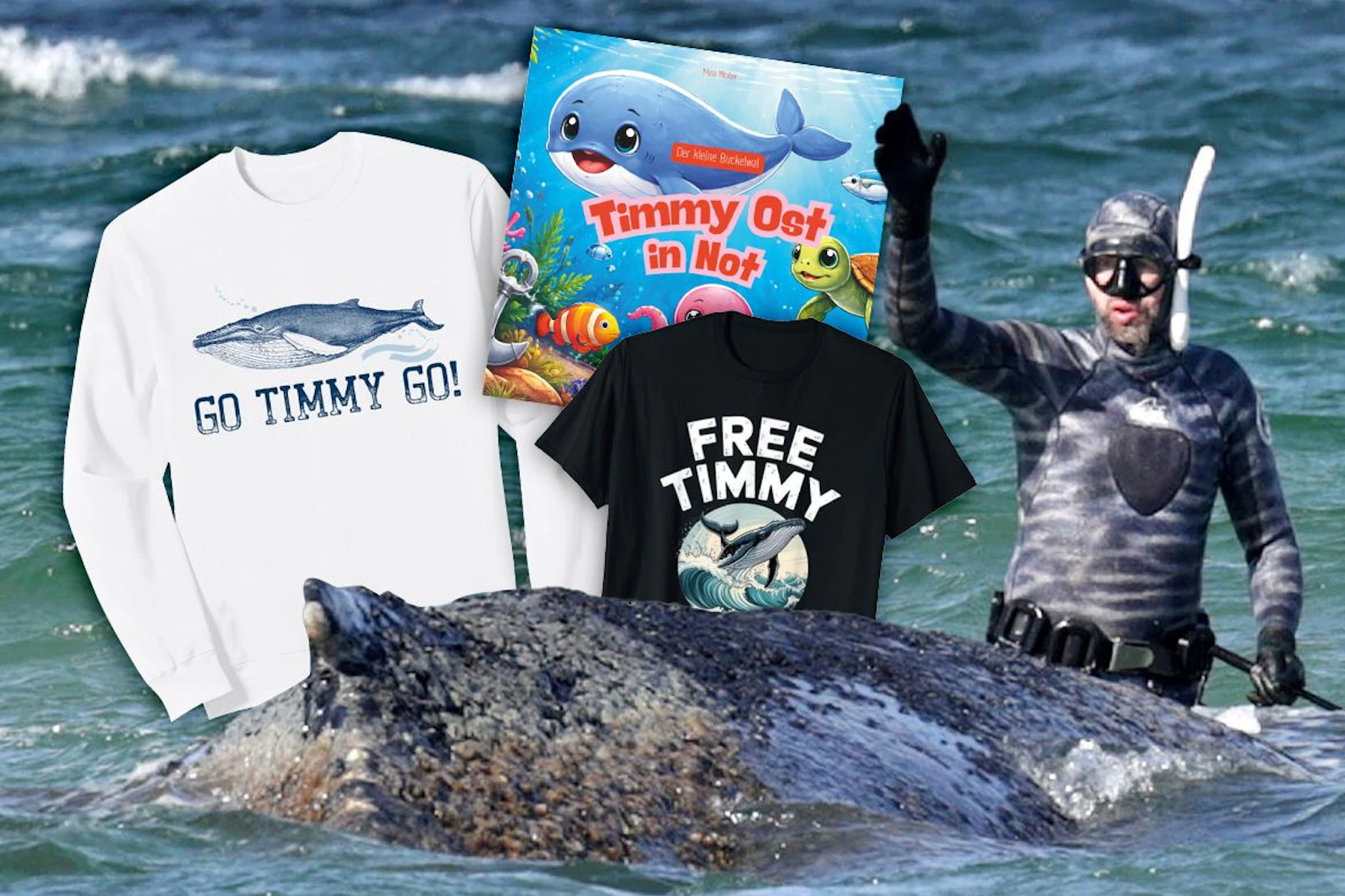 Wal Timmy wird zu Geld gemacht: Im Netz gibt es verschiedene Fanartikel zum Wal, darunter T-Shirts, Pullover und sogar Kinderbücher, die seine Geschichte erzählen.