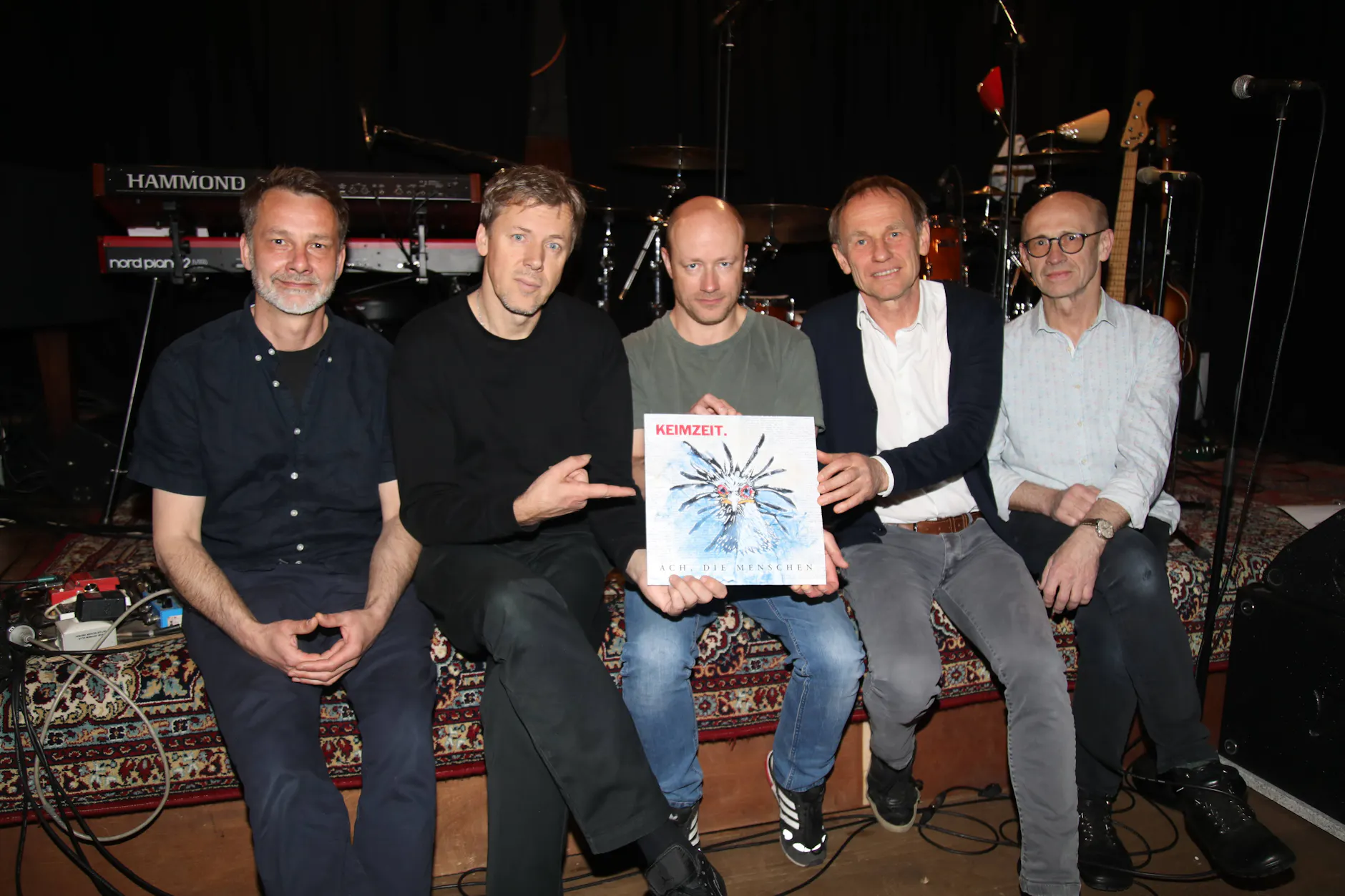 Andreas Spatz Sperling, Lars Kutschke, Lin Dittmann, Norbert Leisegang und Hartmut Leisegang von Keimzeit bei der Vorstellung des neuen Keimzeit-Albums.