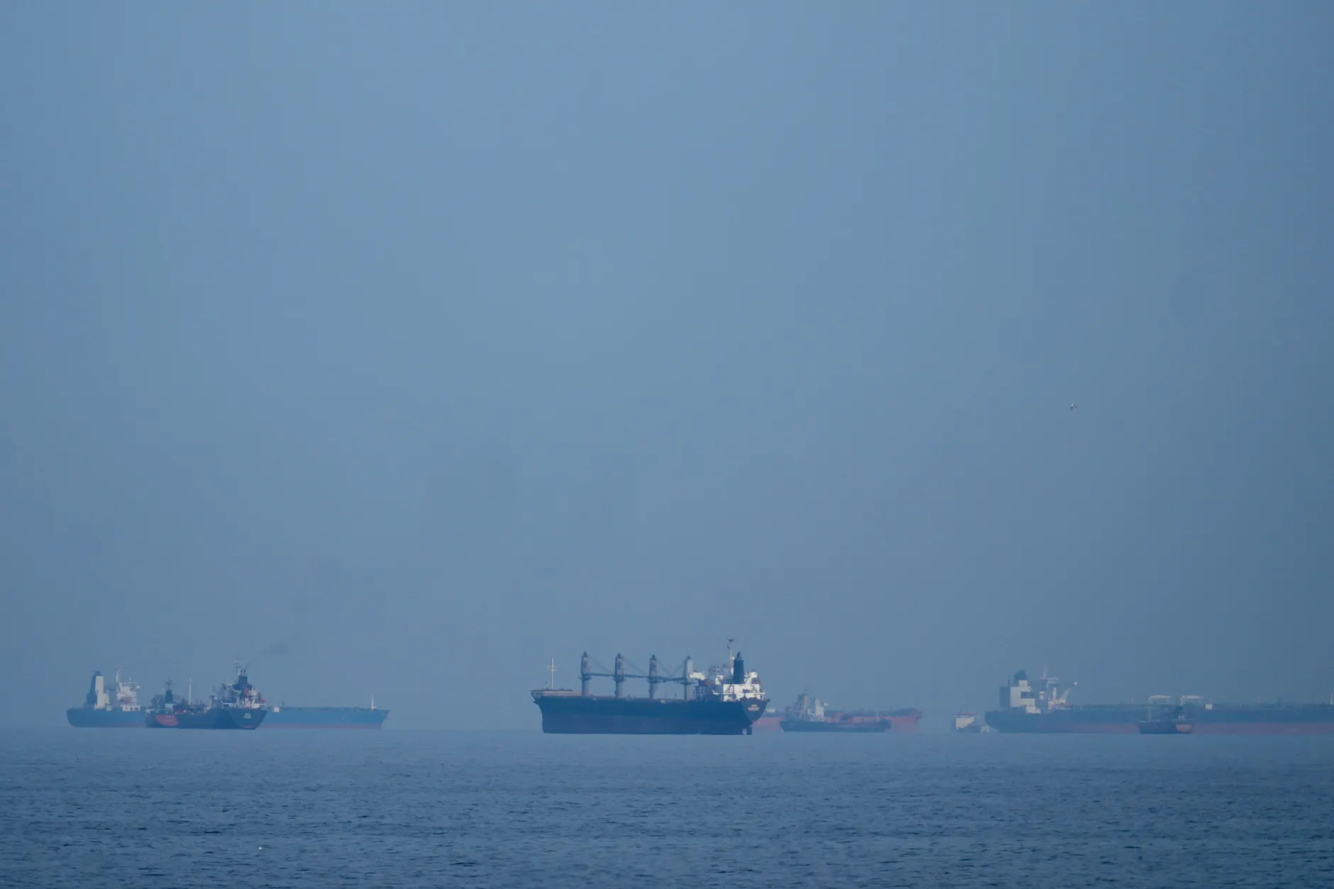 Öltanker und Frachtschiffe reihen sich in der Straße von Hormus auf.