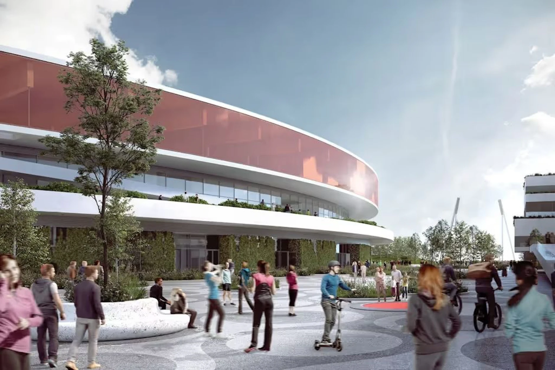 Außenansicht des neuen Jahnstadions, das über 100 Millionen Euro teurer wird als geplant.