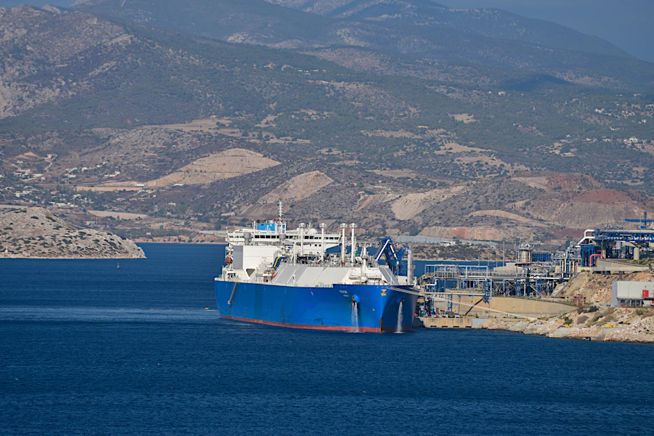 Aufnahme eines LNG-Tankers aus der russischen Anlage Portovaya, die von Gazprom betrieben wird.