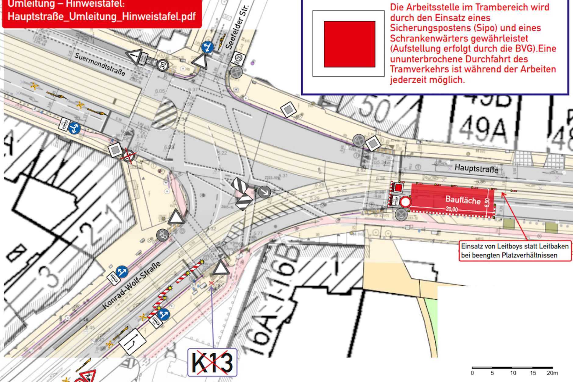 Die Karte zeigt die Baustelle (rot markiert) in der Hauptstraße und die Sperrungen, die ein Abbiegen von der Konrad-Wolf-Straße und von der Suermondstraße aus verhindern.
