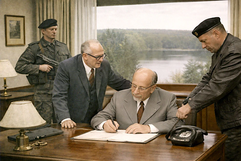 So sieht eine KI den Tag des Honecker-Putsches am 26. April 1971: Erich Honecker fährt, begleitet von bewaffneten Personenschützern, zum Landsitz von Walter Ulbricht am Großdöllner See und zwingt ihn mit einerr Unterschrift zum Rücktritt.