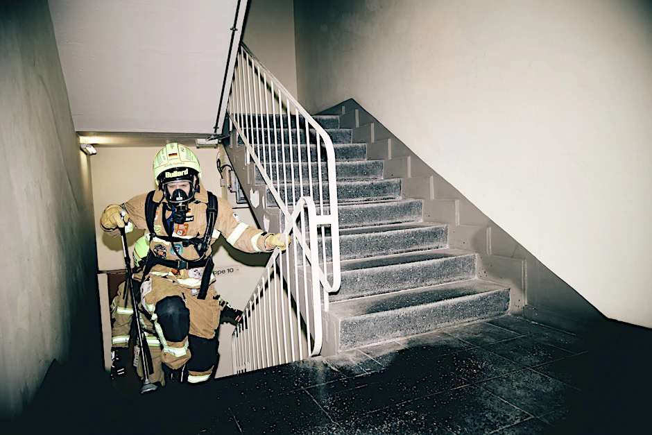 Feuerwehrleute aus Berlin stürmen mit voller Ausrüstung das Treppenhaus im Park-Inn-Hotel am Alexanderplatz hoch.