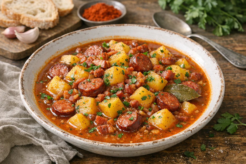 Unser Kartoffelgulasch nach Omas Rezept wird mit angebratener Cabanossi-Wurst verfeinert. Lassen Sie es sich schmecken!