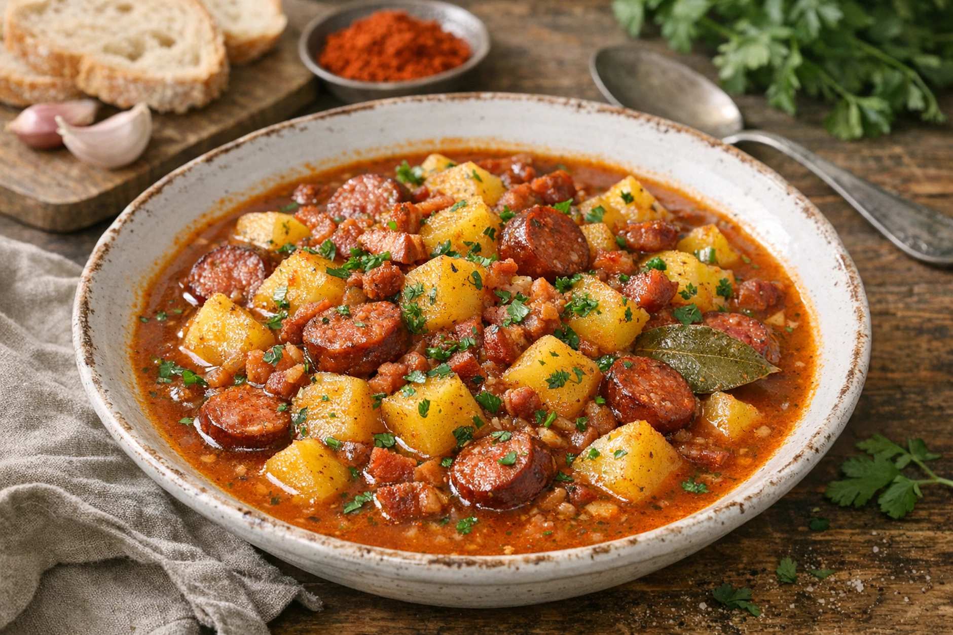 Unser Kartoffelgulasch nach Omas Rezept wird mit angebratener Cabanossi-Wurst verfeinert. Lassen Sie es sich schmecken!