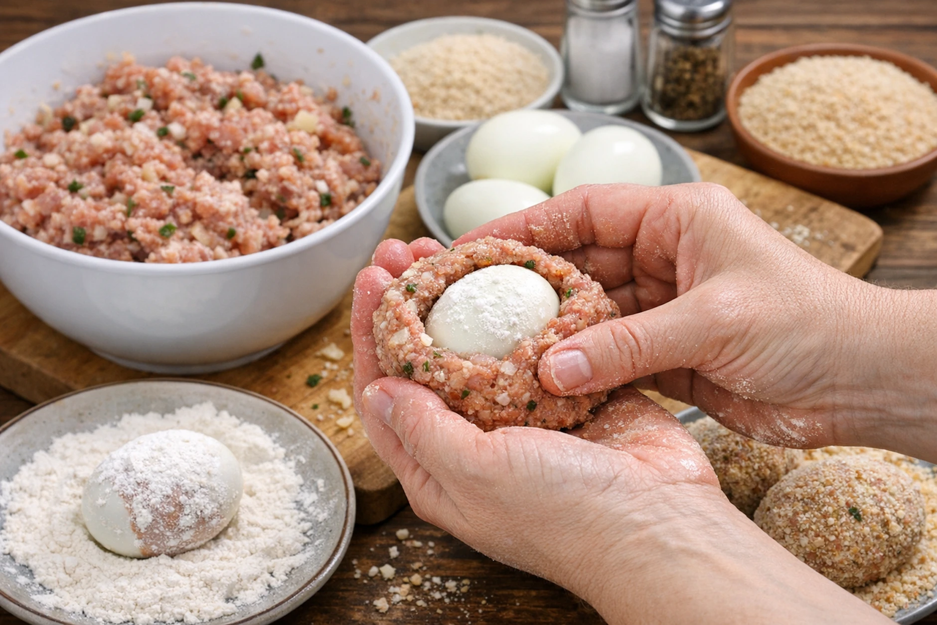 Die gekochten Eier werden in eine deftige Hackfleischmasse eingewickelt und anschließend gebacken. Ein pfiffiges Rezept, das man offenbar schon früher zubereitete.