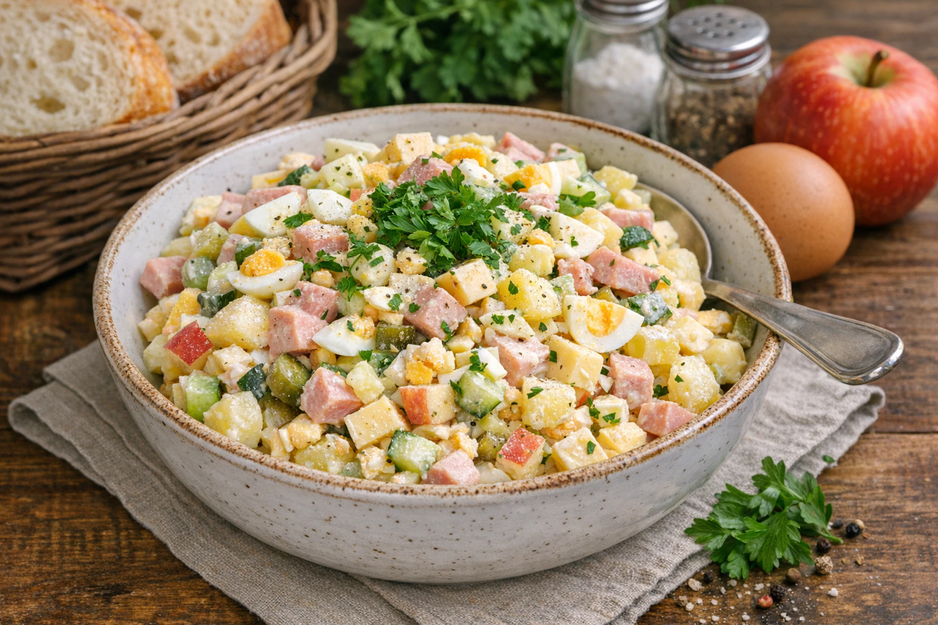 Für den Moskauer Käsesalat werden auch Reste verwertet. WEr Kartoffeln und Eier vom Wochenende übrig hat, kann diese in dem Salat prima verwerten.