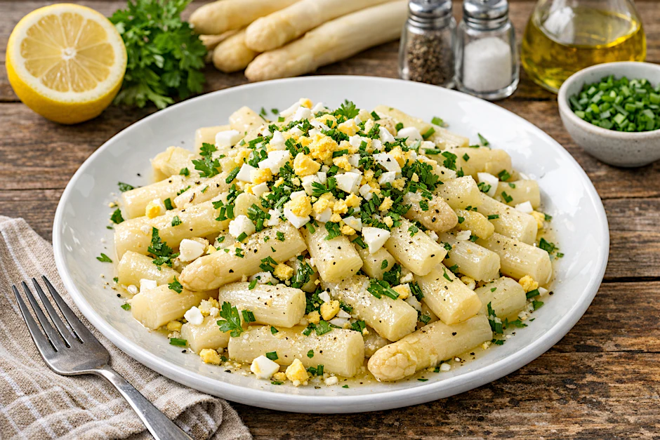 Lust auf Spargelsalat? Das Rezept von Kurt Drummer verwendet ein klassisches Dressing und gekochte Eier, die dem Salat besonders viel Pfiff verleihen.