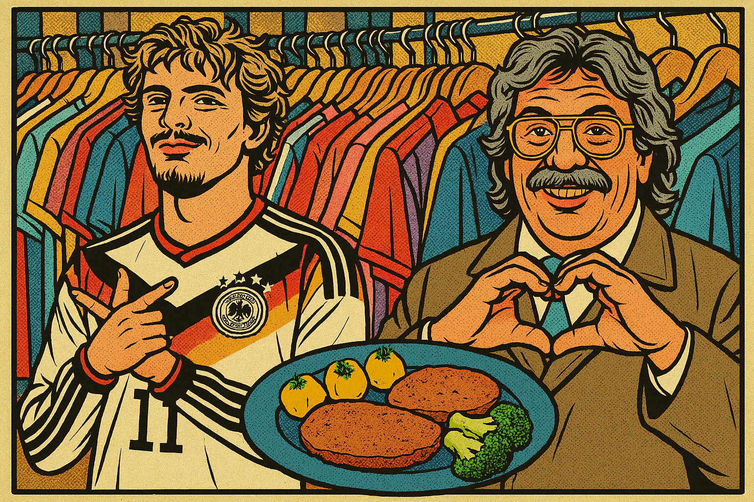 Ob DFB-Trikot oder Horst Schlämmer (r.), ob Retro-Kleidung oder sogar das Gericht falscher Hase (unten) – die alten Zeiten sind zurück!