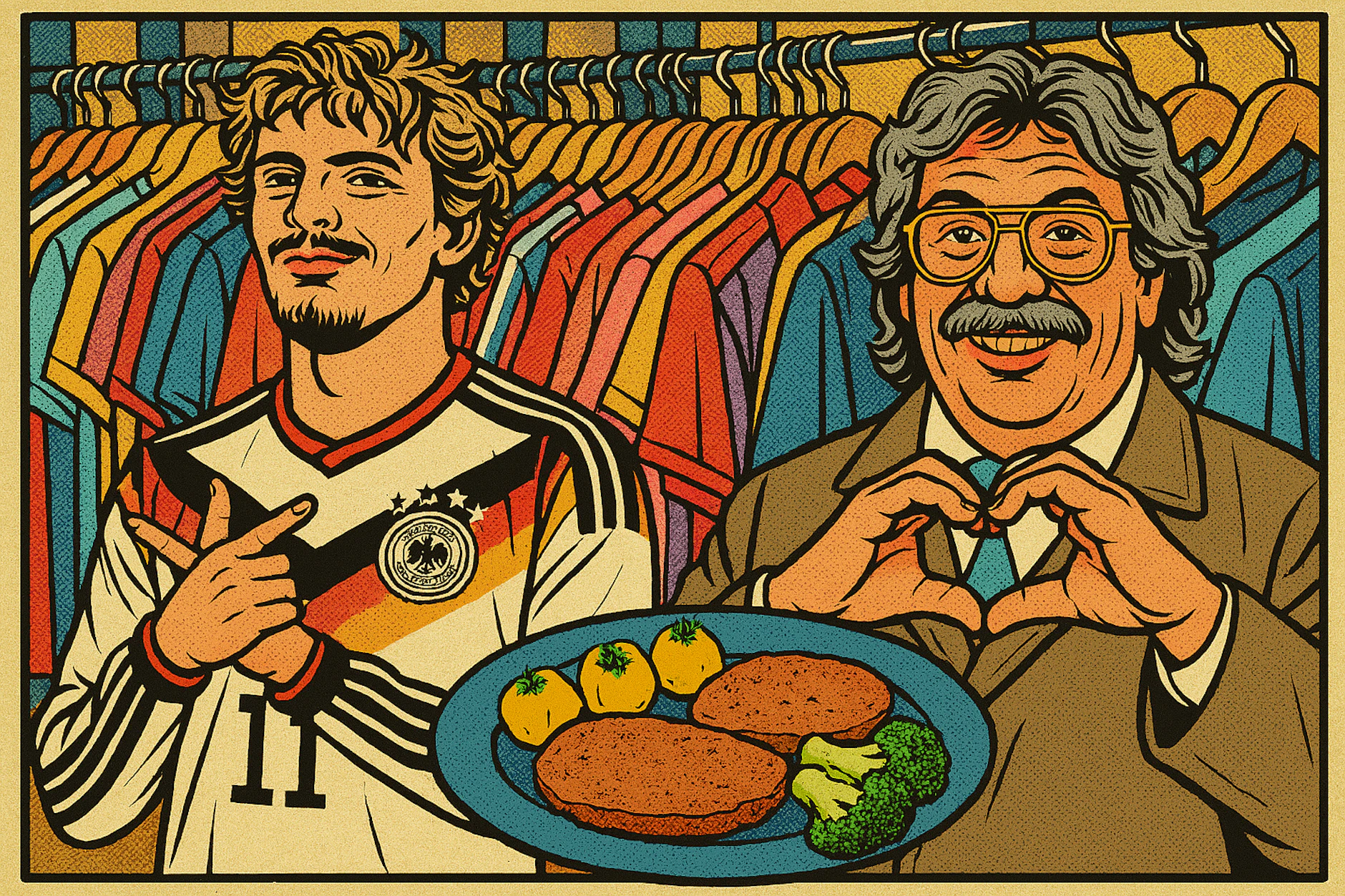 Ob DFB-Trikot oder Horst Schlämmer (r.), ob Retro-Kleidung oder sogar das Gericht falscher Hase (unten) – die alten Zeiten sind zurück!